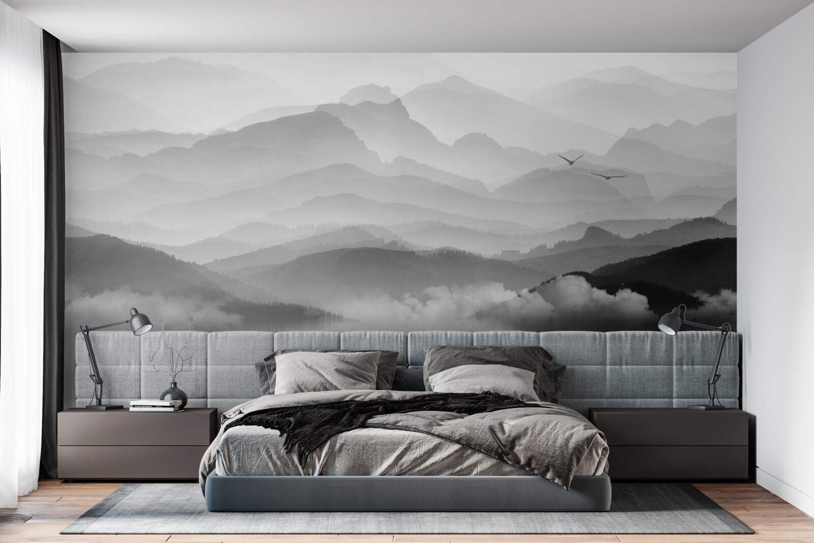 Fototapeta rybár sa vracia cez hmlisté horské jazero