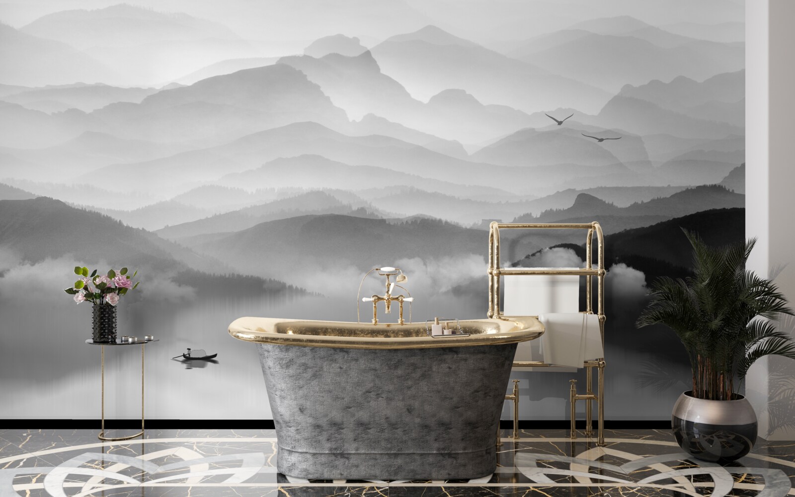 Fototapeta rybár sa vracia cez hmlisté horské jazero