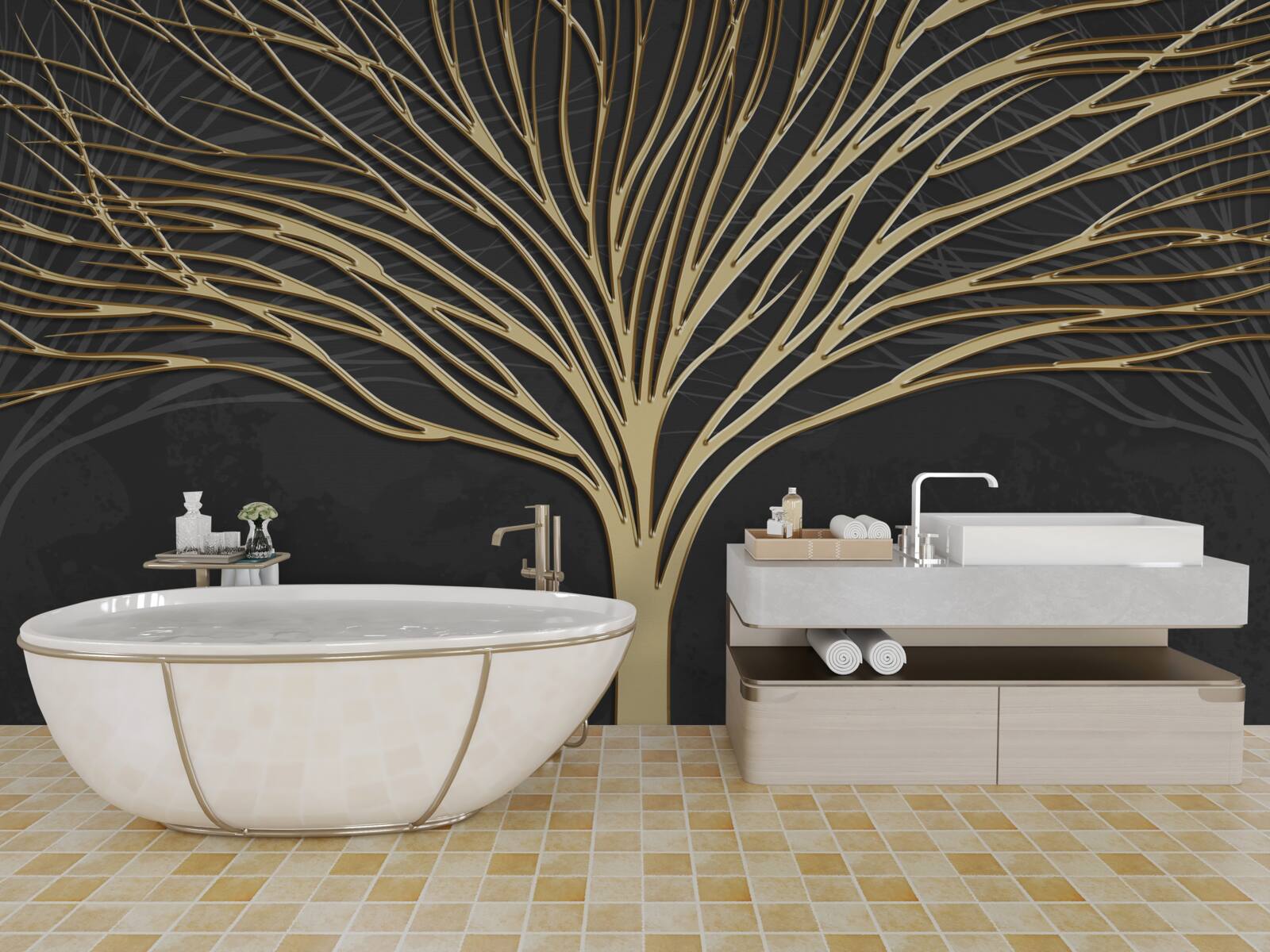 Fototapeta stádo jeleňov a zlatý strom