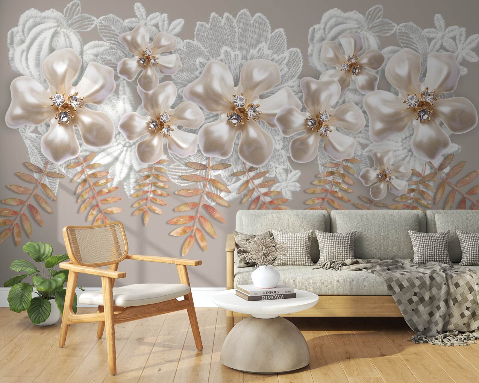 Fototapeta biele púčiky, žiariace jasnou krásou, na zlatých vetvách