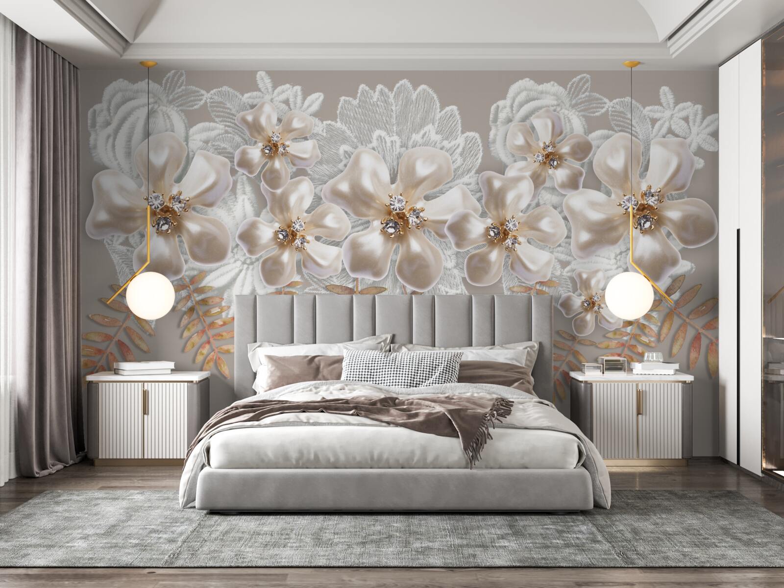 Fototapeta biele púčiky, žiariace jasnou krásou, na zlatých vetvách