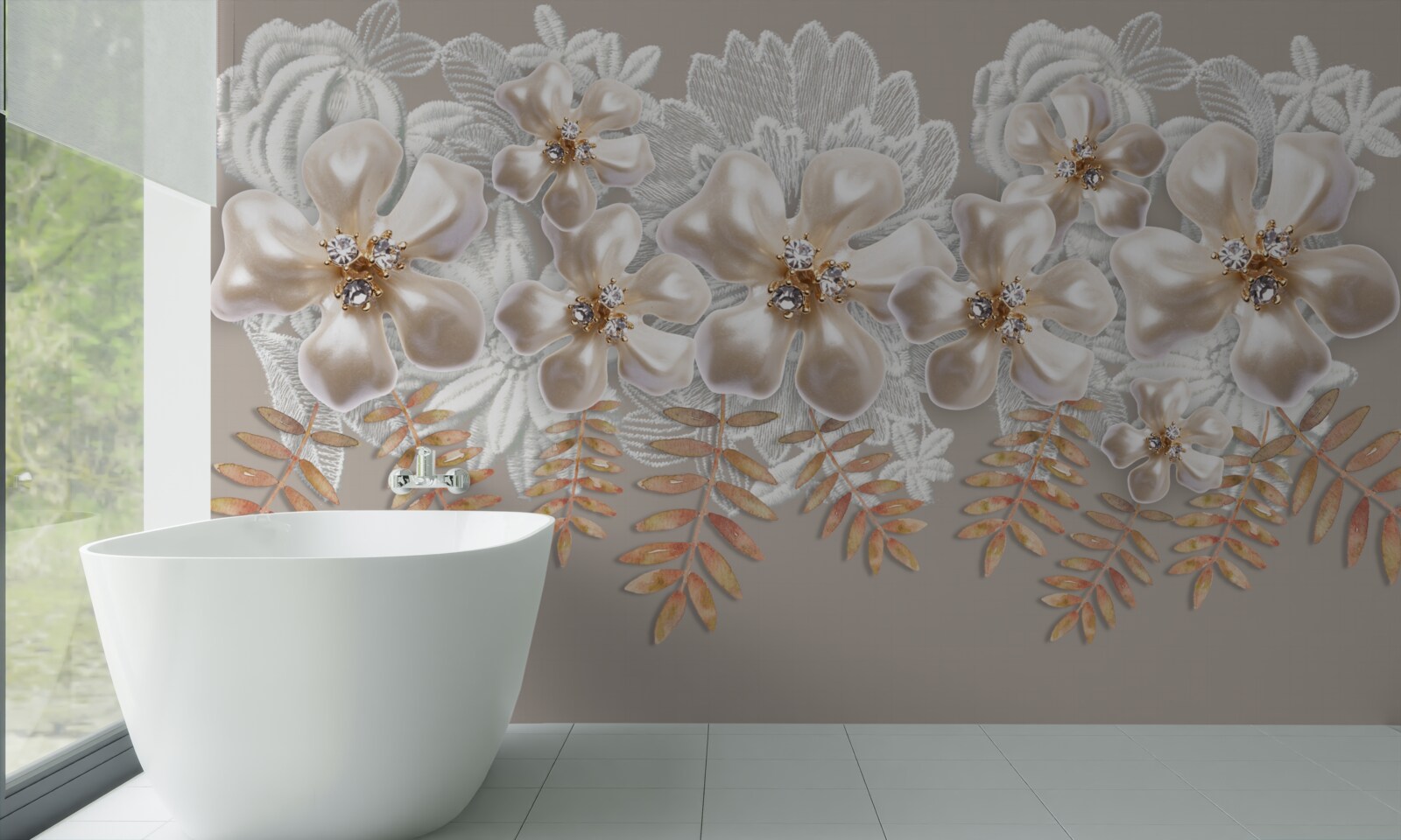 Fototapeta biele púčiky, žiariace jasnou krásou, na zlatých vetvách