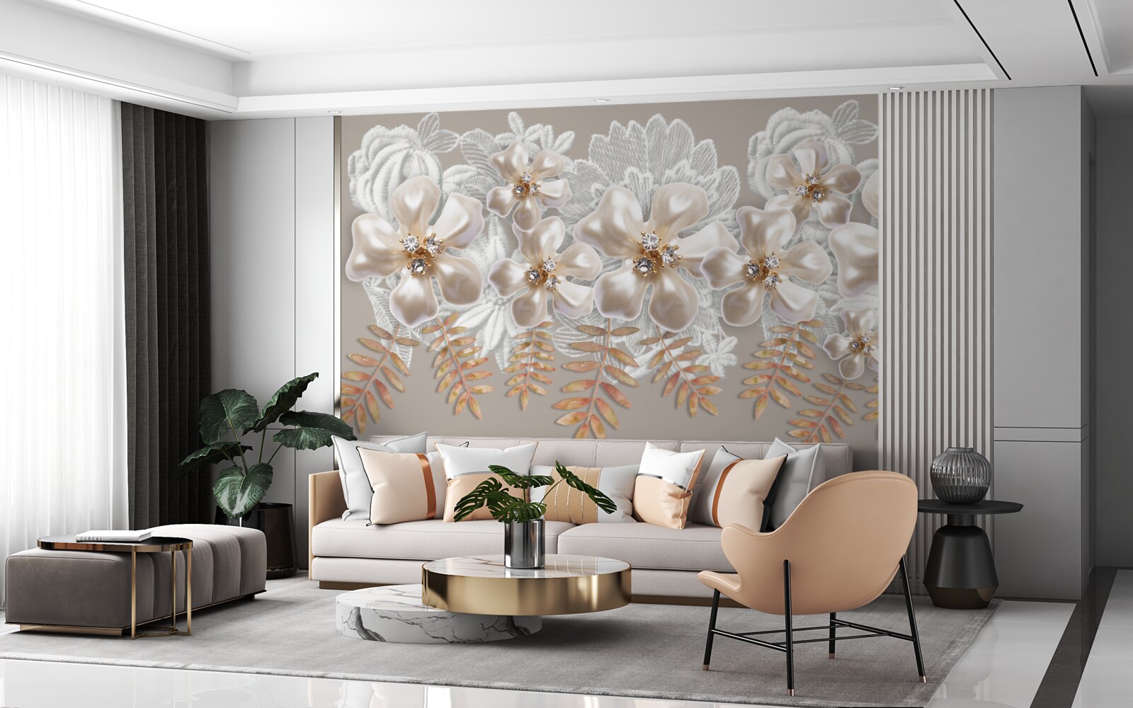 Fototapeta biele púčiky, žiariace jasnou krásou, na zlatých vetvách