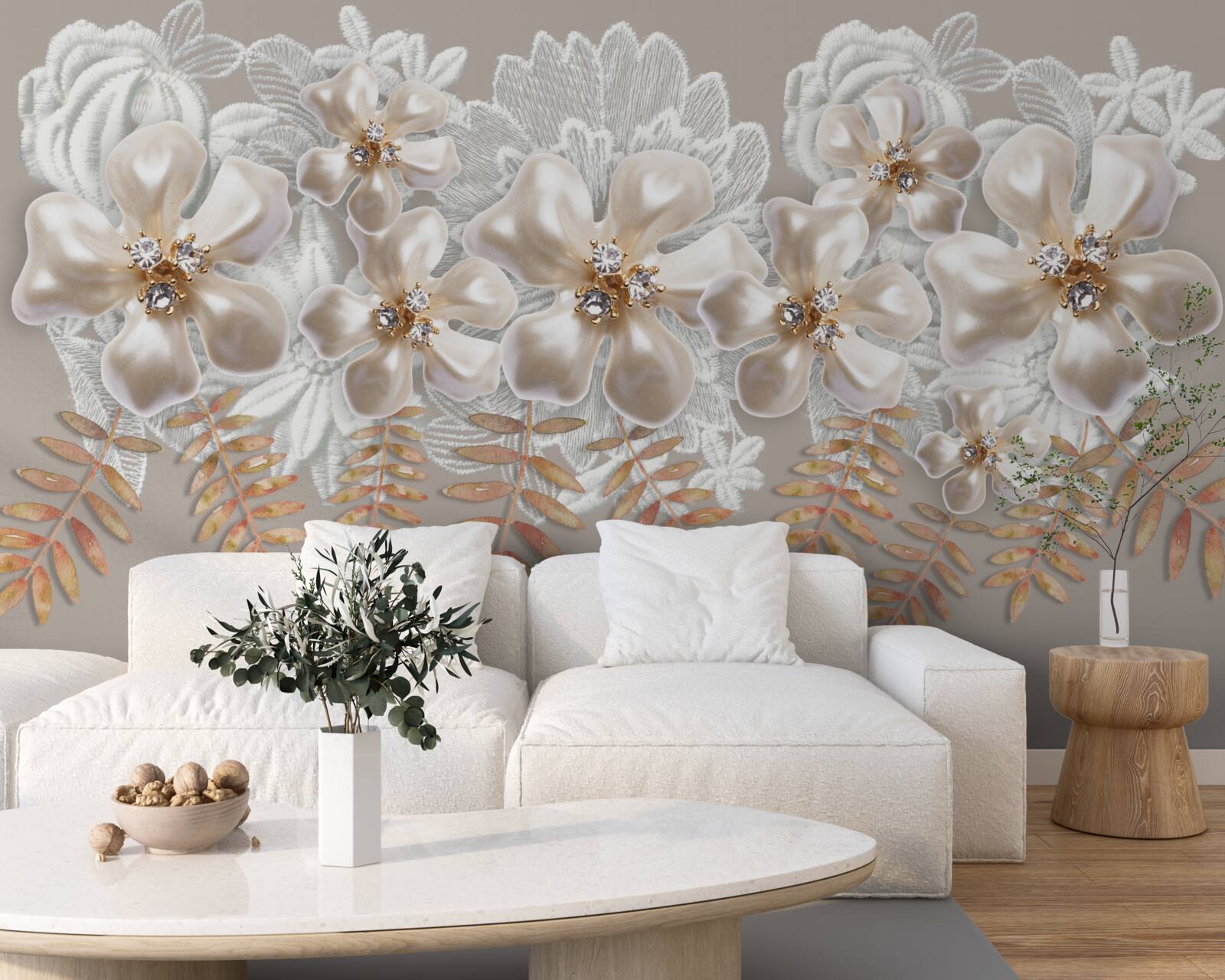 Fototapeta biele púčiky, žiariace jasnou krásou, na zlatých vetvách