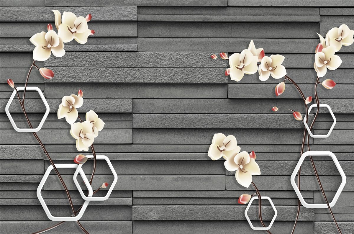 Fototapeta čierna kamenná stena zdobená bielymi kvetmi