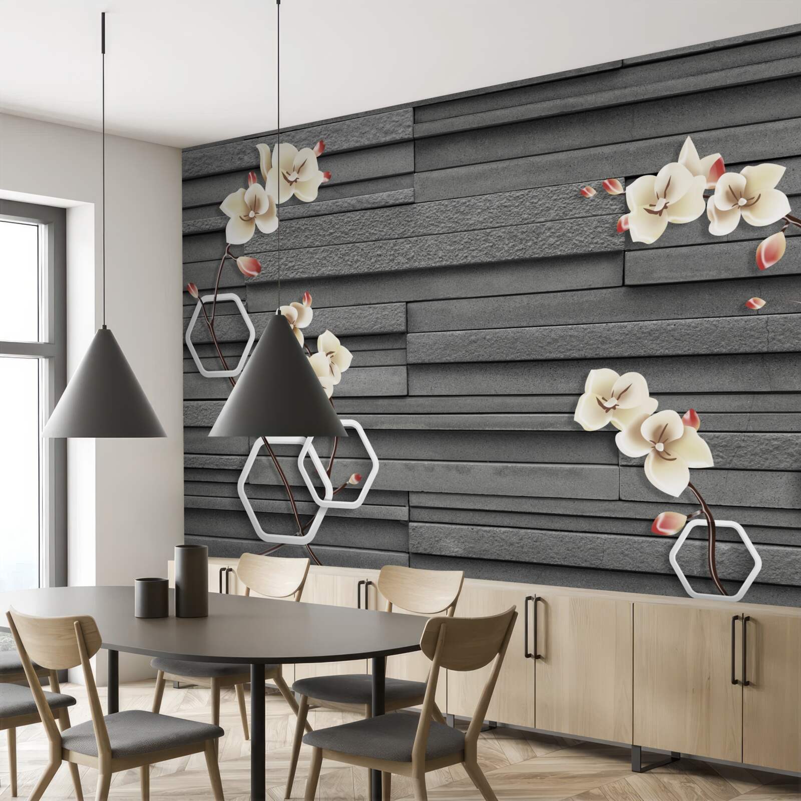 Fototapeta čierna kamenná stena zdobená bielymi kvetmi