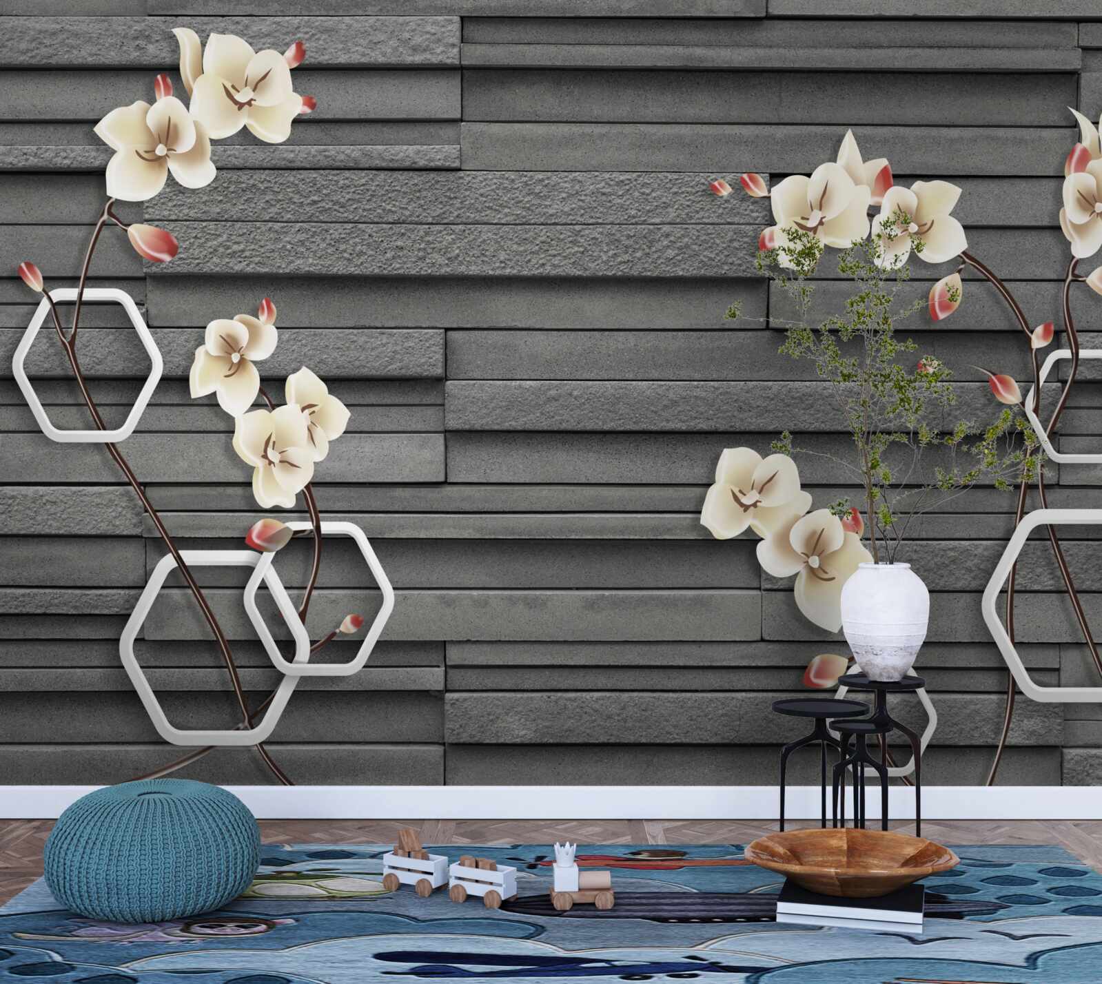 Fototapeta čierna kamenná stena zdobená bielymi kvetmi