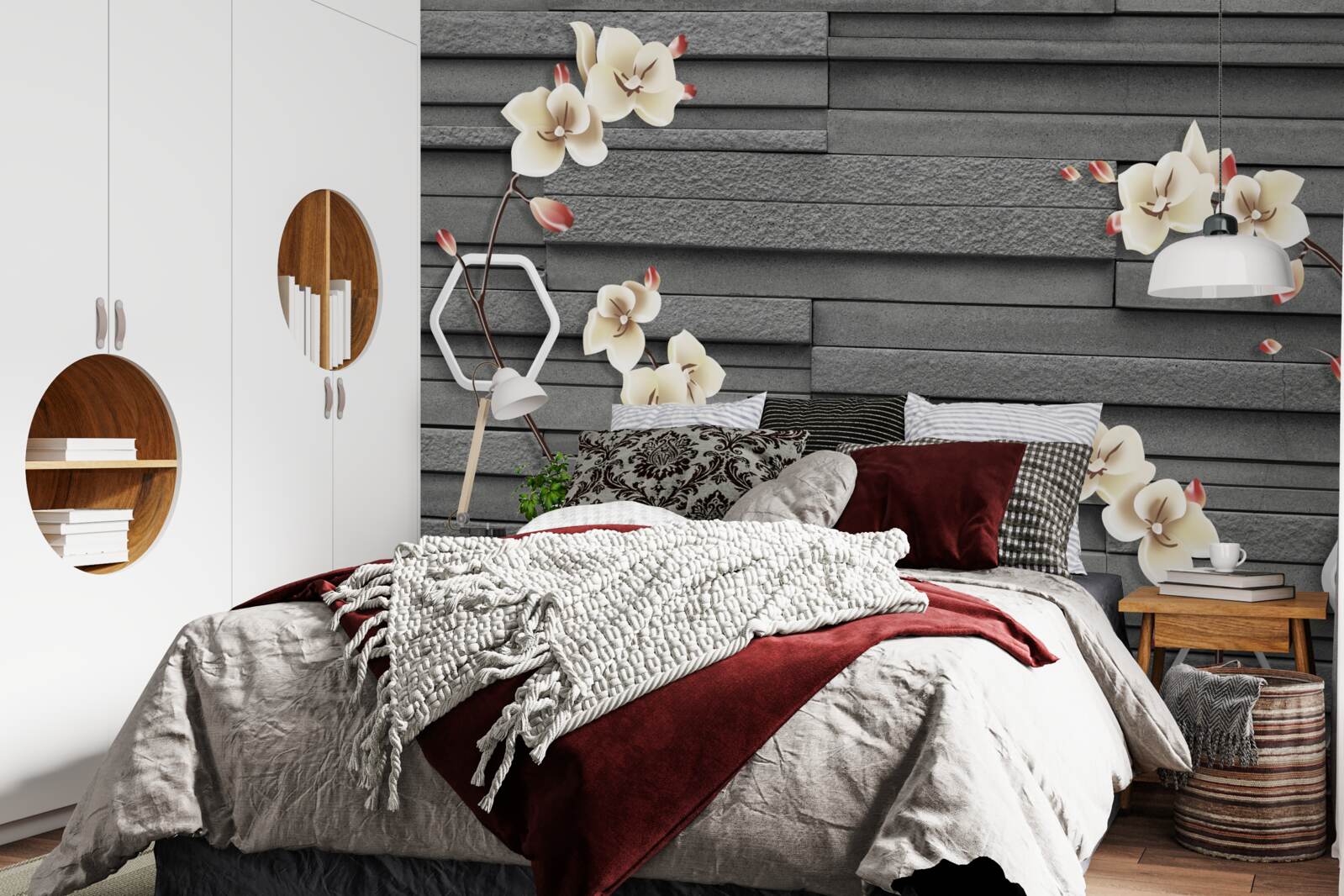 Fototapeta čierna kamenná stena zdobená bielymi kvetmi