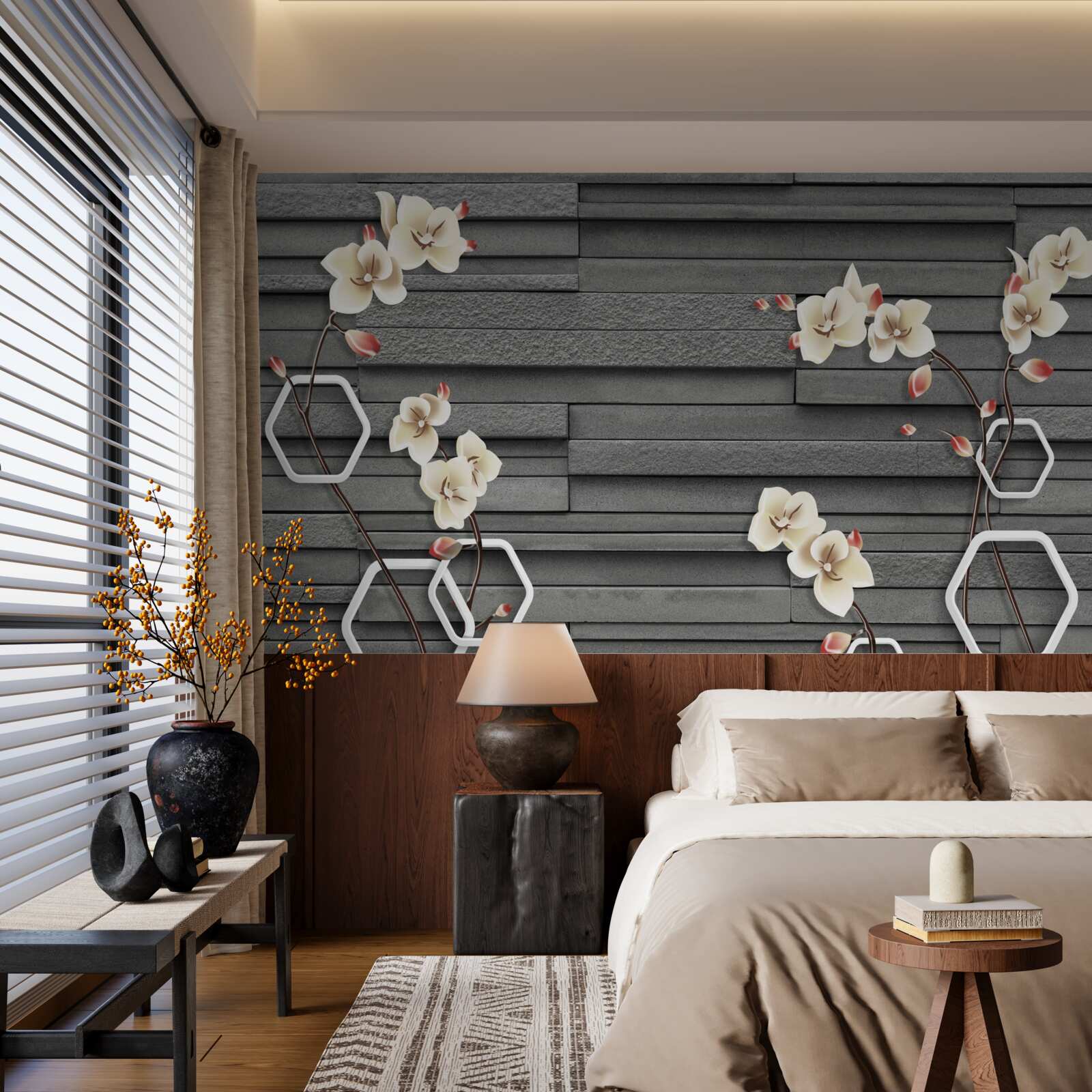 Fototapeta čierna kamenná stena zdobená bielymi kvetmi