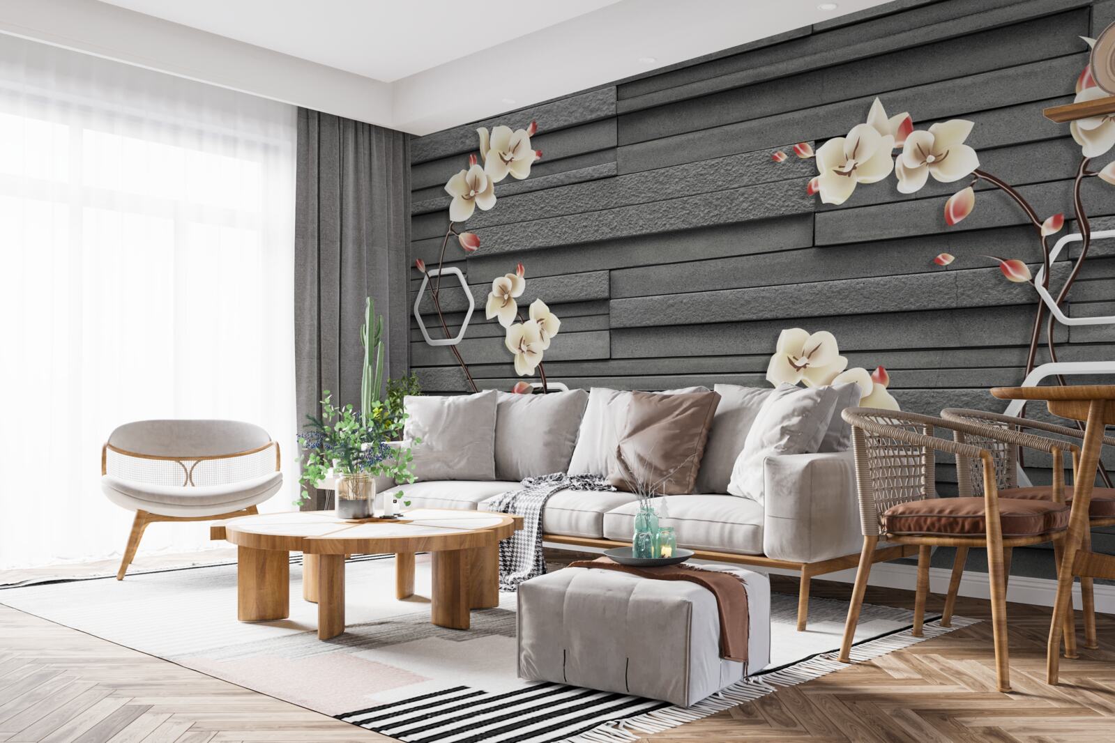 Fototapeta čierna kamenná stena zdobená bielymi kvetmi