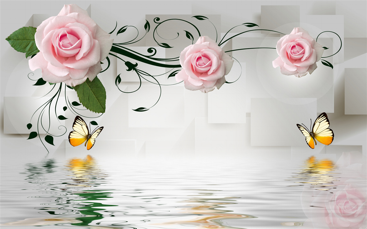 Fototapeta motýle nad vodou v blízkosti vetvy ruže s jemným ružovým odtieňom