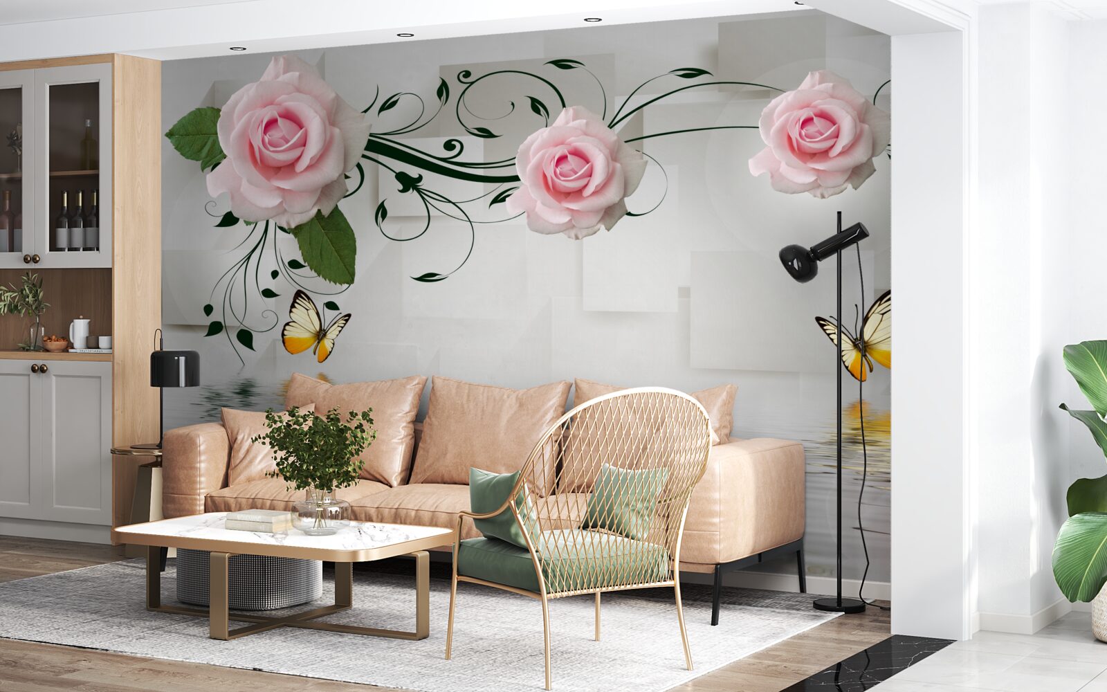 Fototapeta motýle nad vodou v blízkosti vetvy ruže s jemným ružovým odtieňom