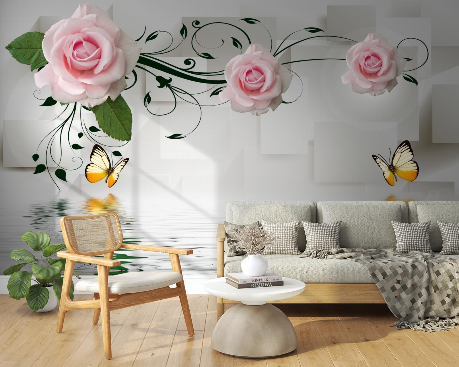 Fototapeta motýle nad vodou v blízkosti vetvy ruže s jemným ružovým odtieňom