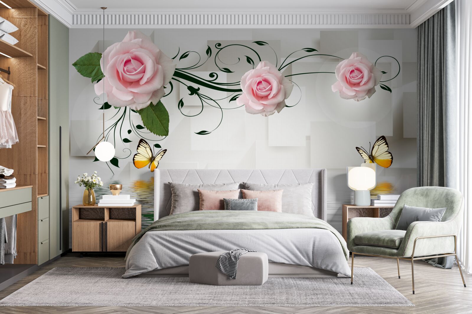 Fototapeta motýle nad vodou v blízkosti vetvy ruže s jemným ružovým odtieňom