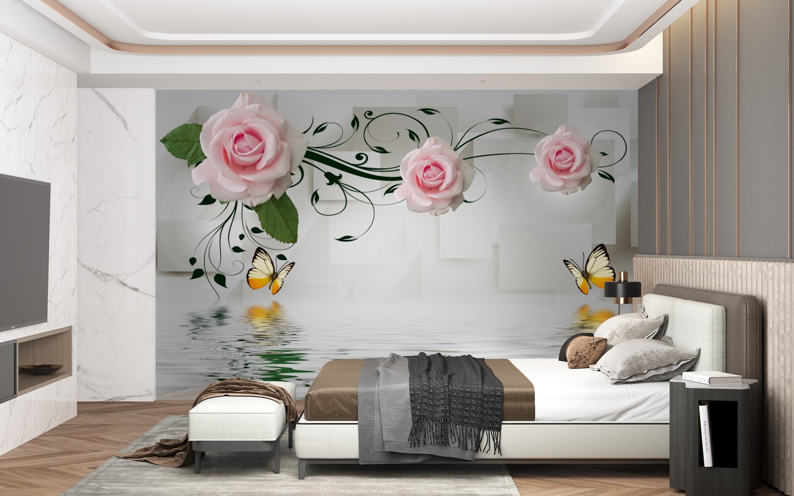 Fototapeta motýle nad vodou v blízkosti vetvy ruže s jemným ružovým odtieňom