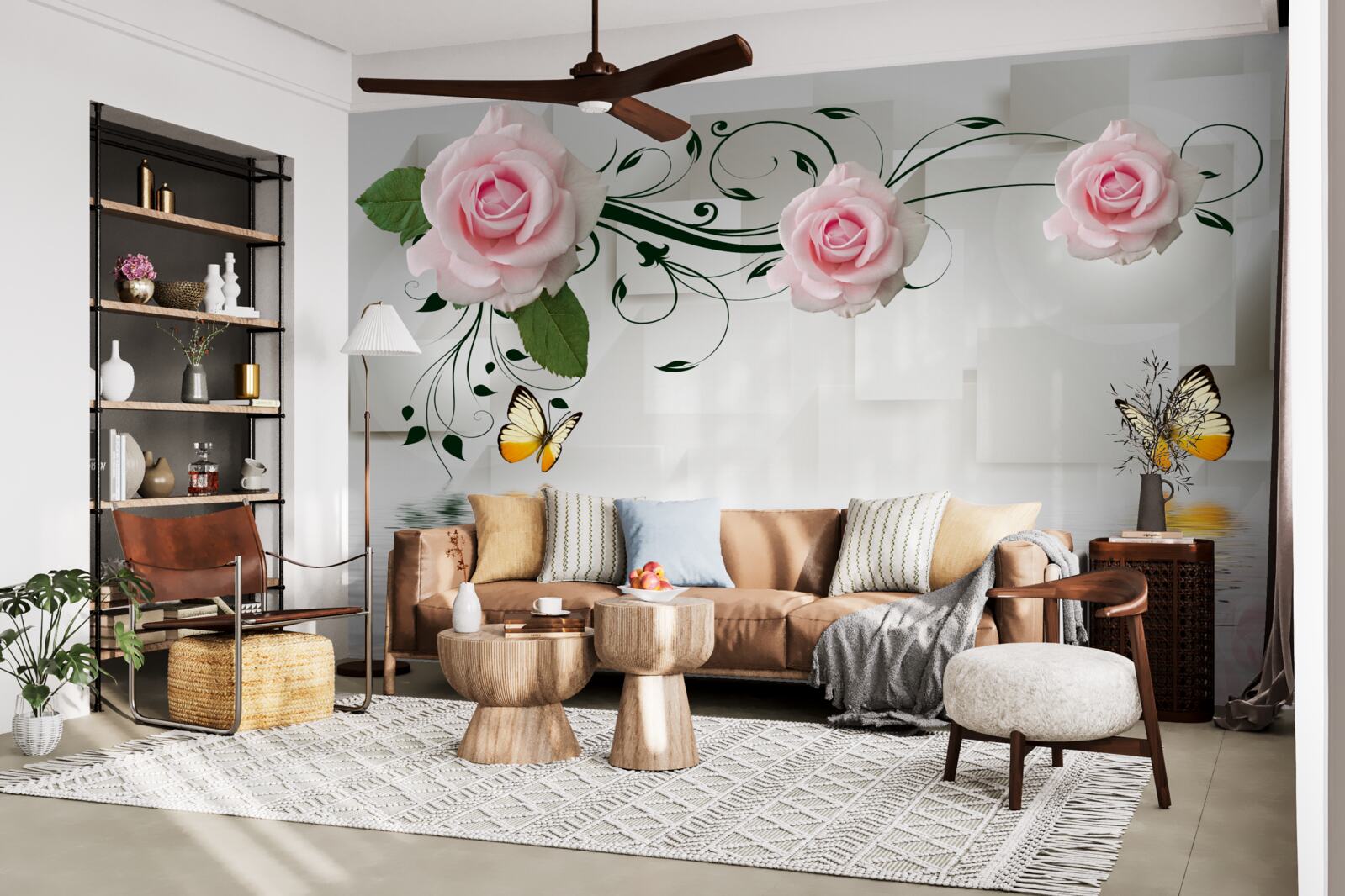 Fototapeta motýle nad vodou v blízkosti vetvy ruže s jemným ružovým odtieňom