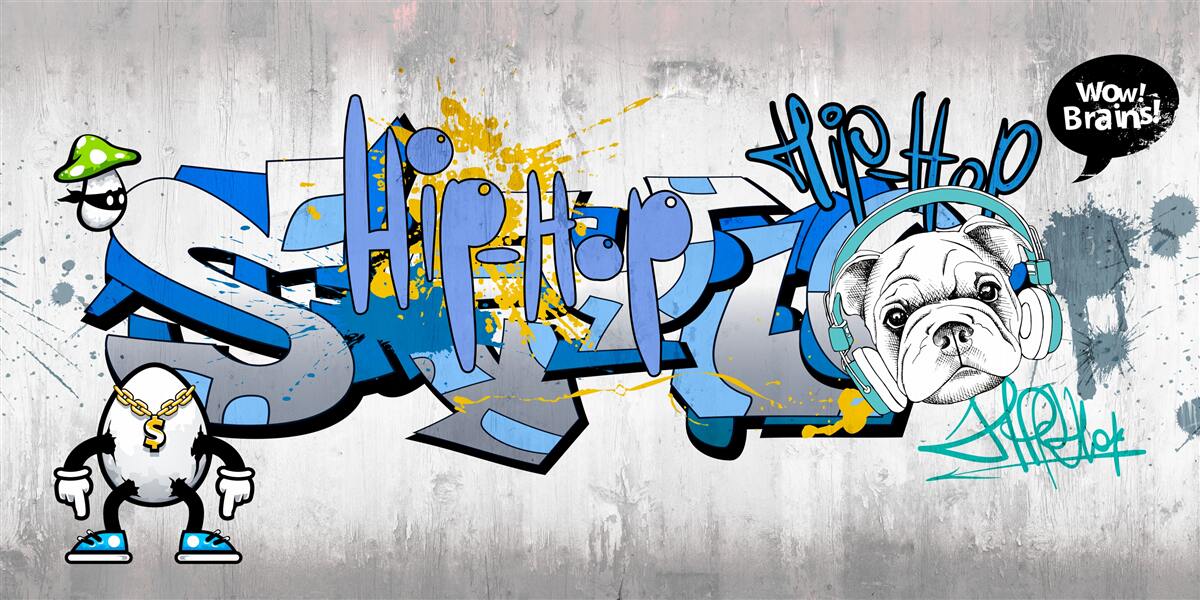 Fototapeta graffiti na stene s fotkou psa so slúchadlami