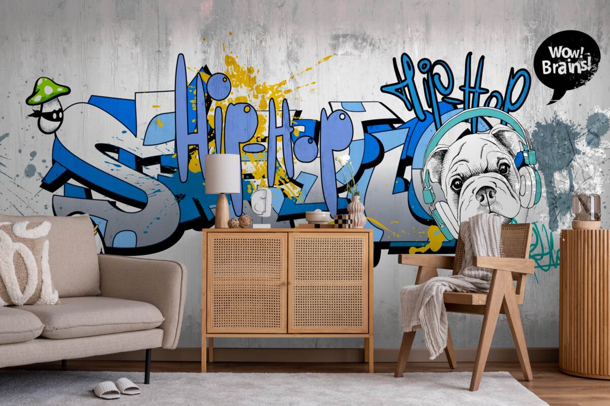 Fototapeta graffiti na stene s fotkou psa so slúchadlami