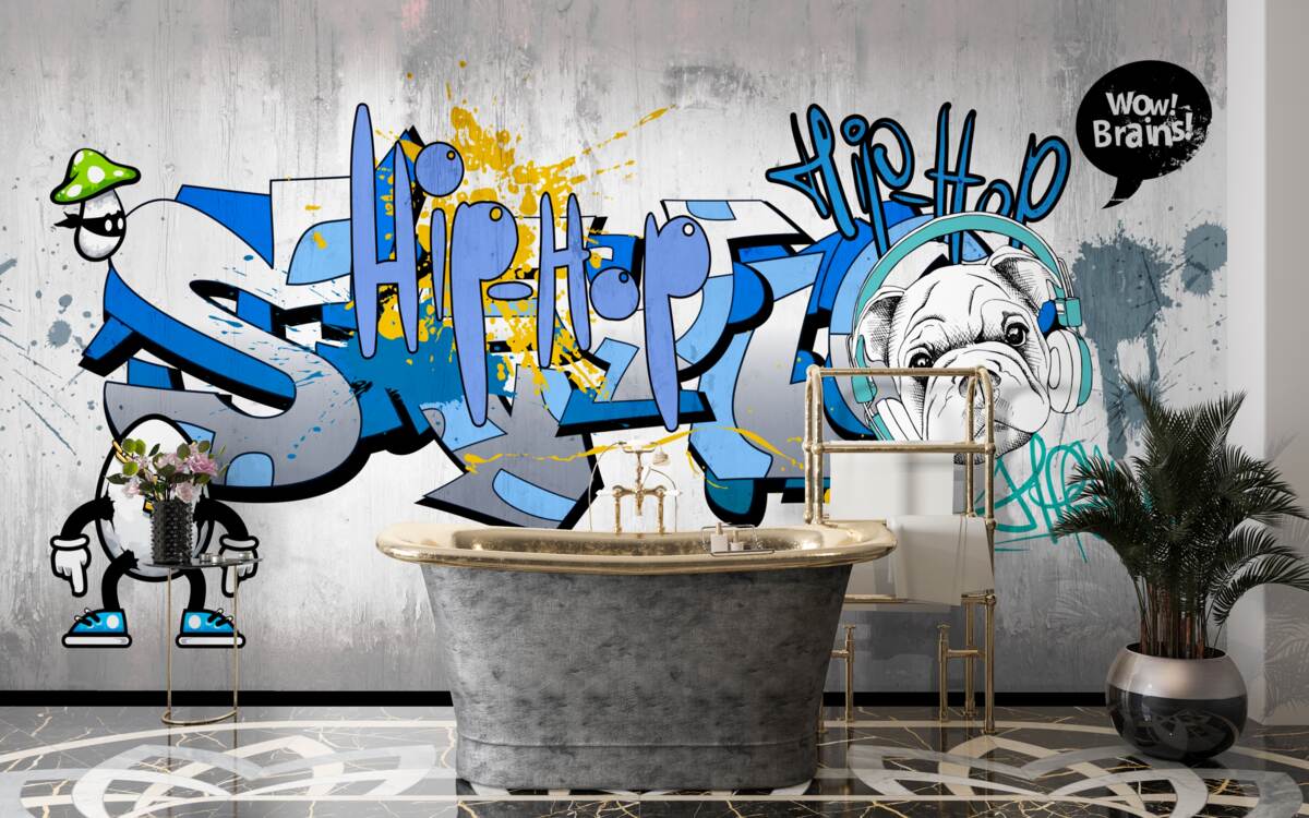 Fototapeta graffiti na stene s fotkou psa so slúchadlami