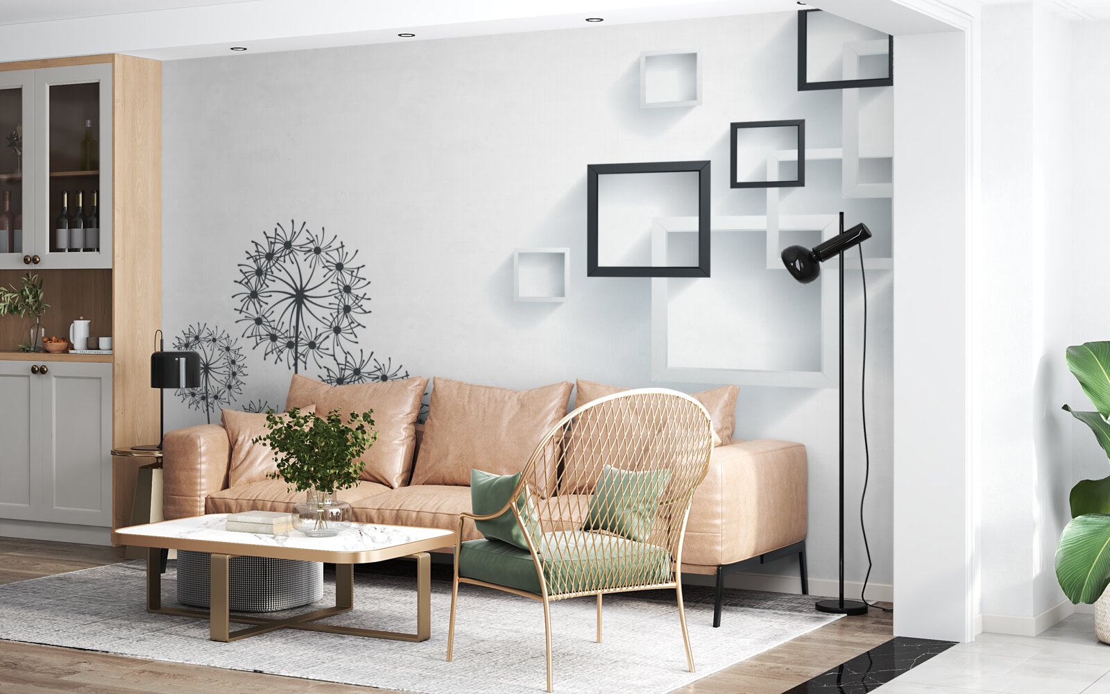 Fototapeta geometrické tvary na bielom pozadí s púpavami