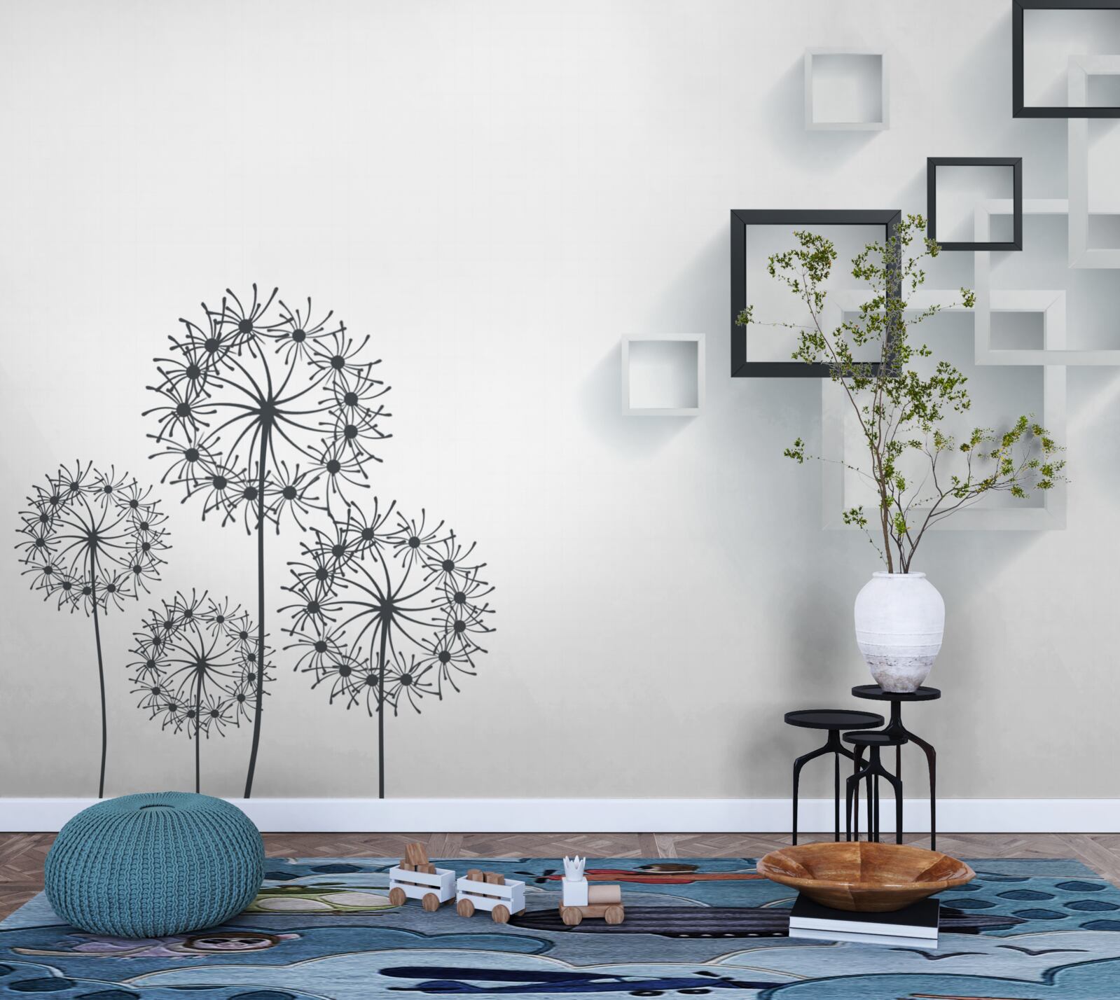 Fototapeta geometrické tvary na bielom pozadí s púpavami