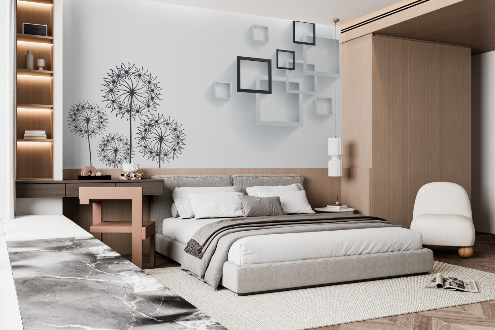 Fototapeta geometrické tvary na bielom pozadí s púpavami