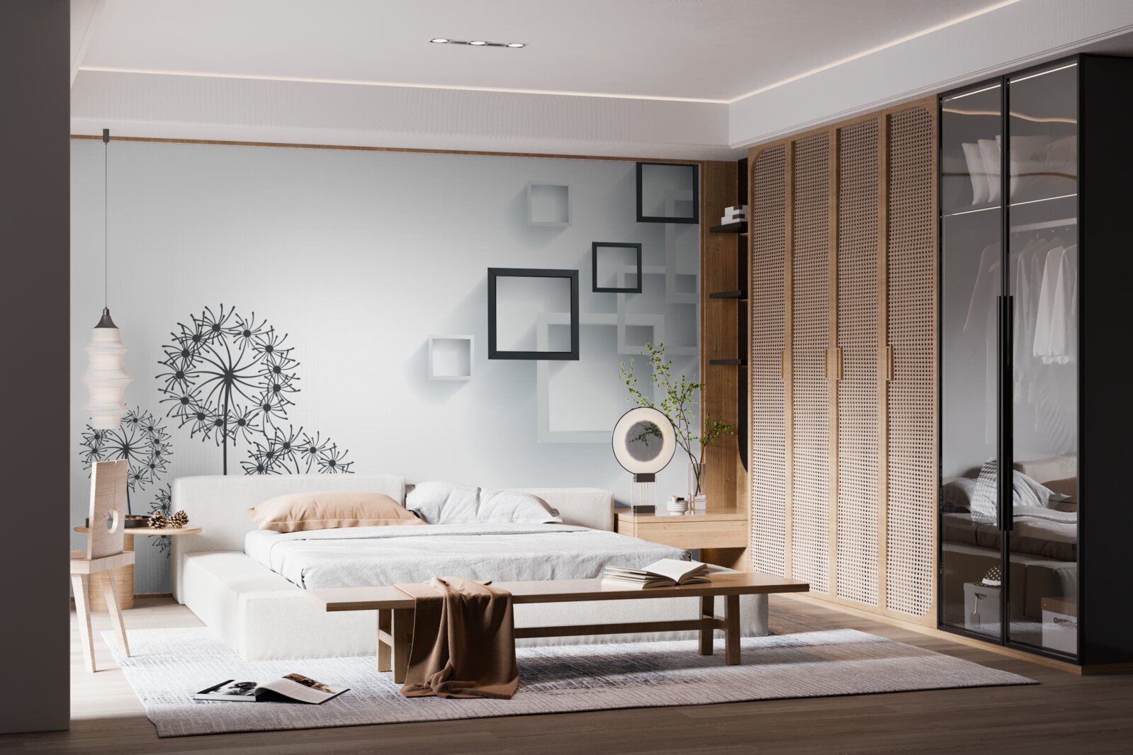 Fototapeta geometrické tvary na bielom pozadí s púpavami