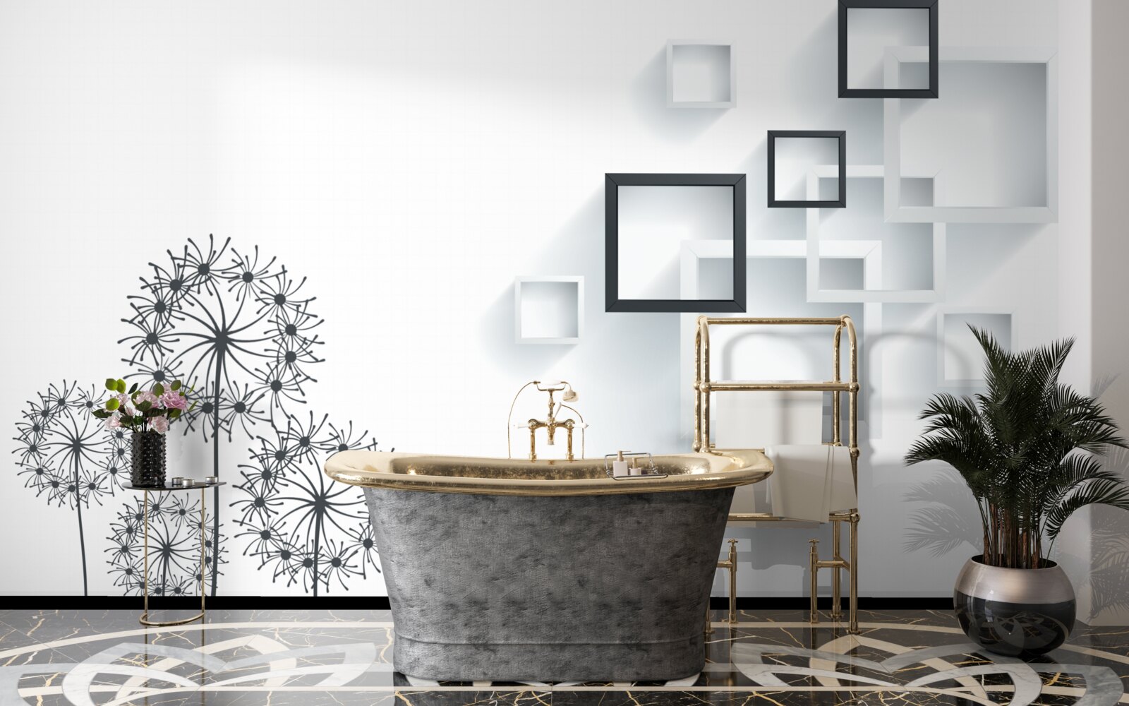 Fototapeta geometrické tvary na bielom pozadí s púpavami