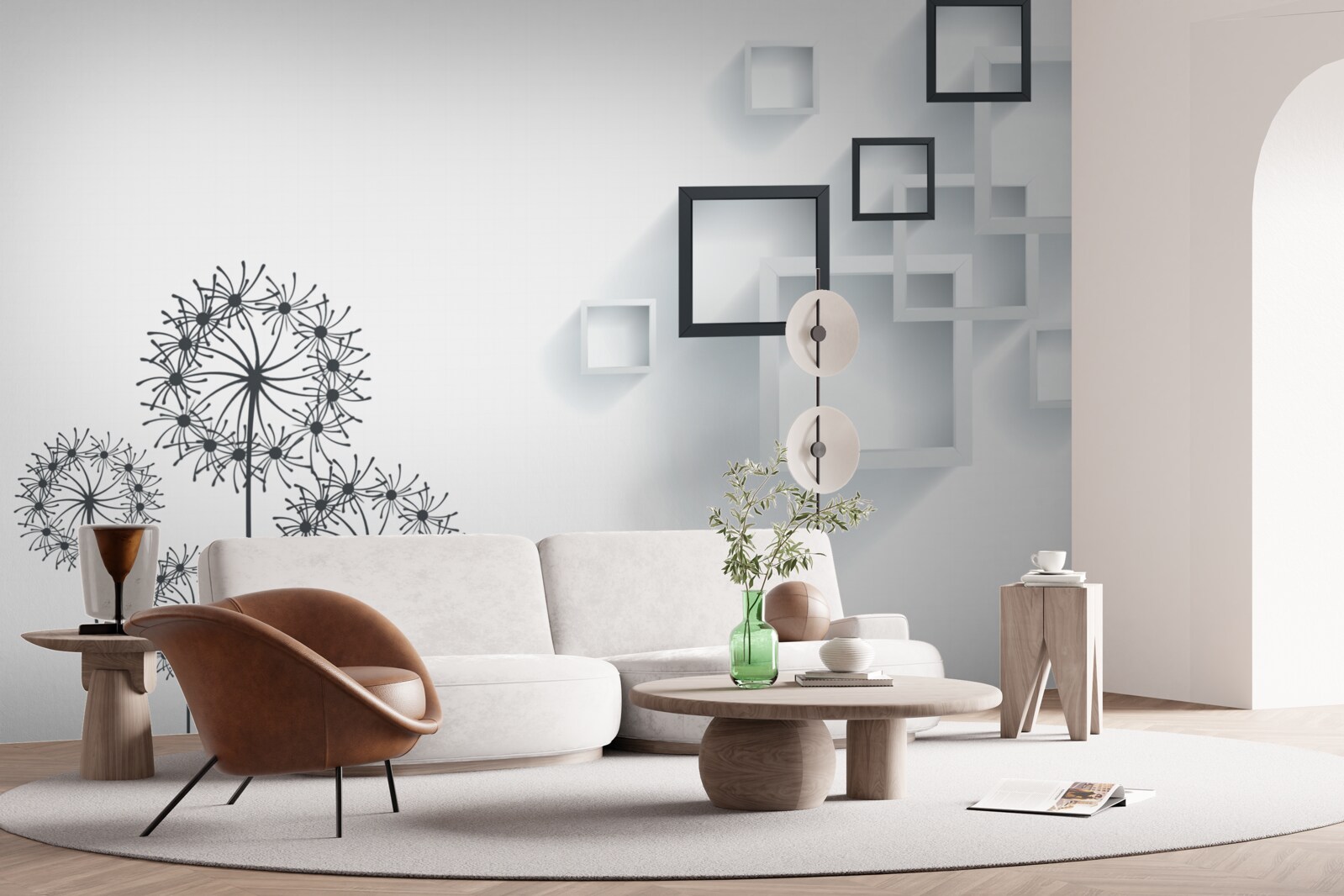 Fototapeta geometrické tvary na bielom pozadí s púpavami