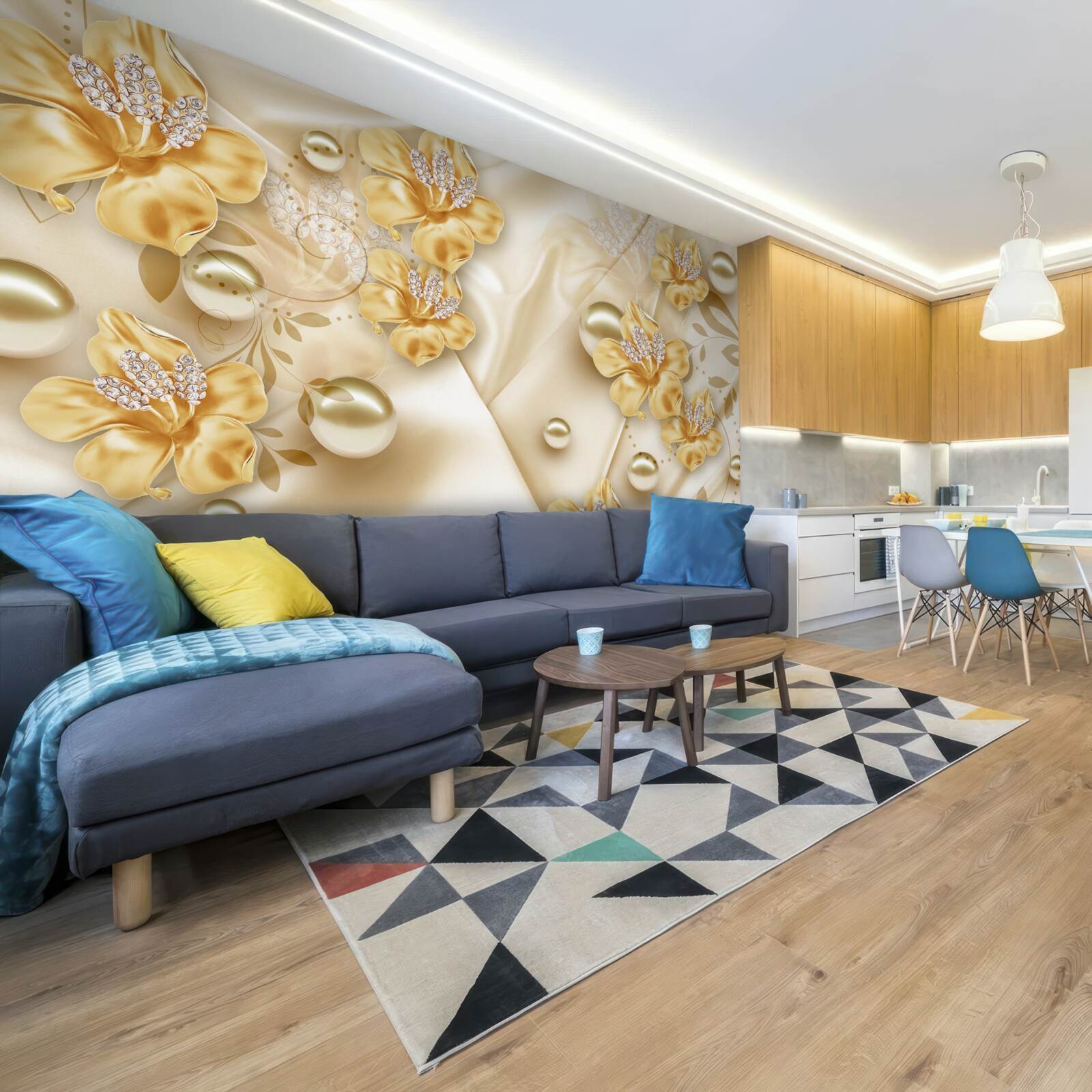 Fototapeta hodvábna látka je zdobená zlatými a perleťovými kvetmi