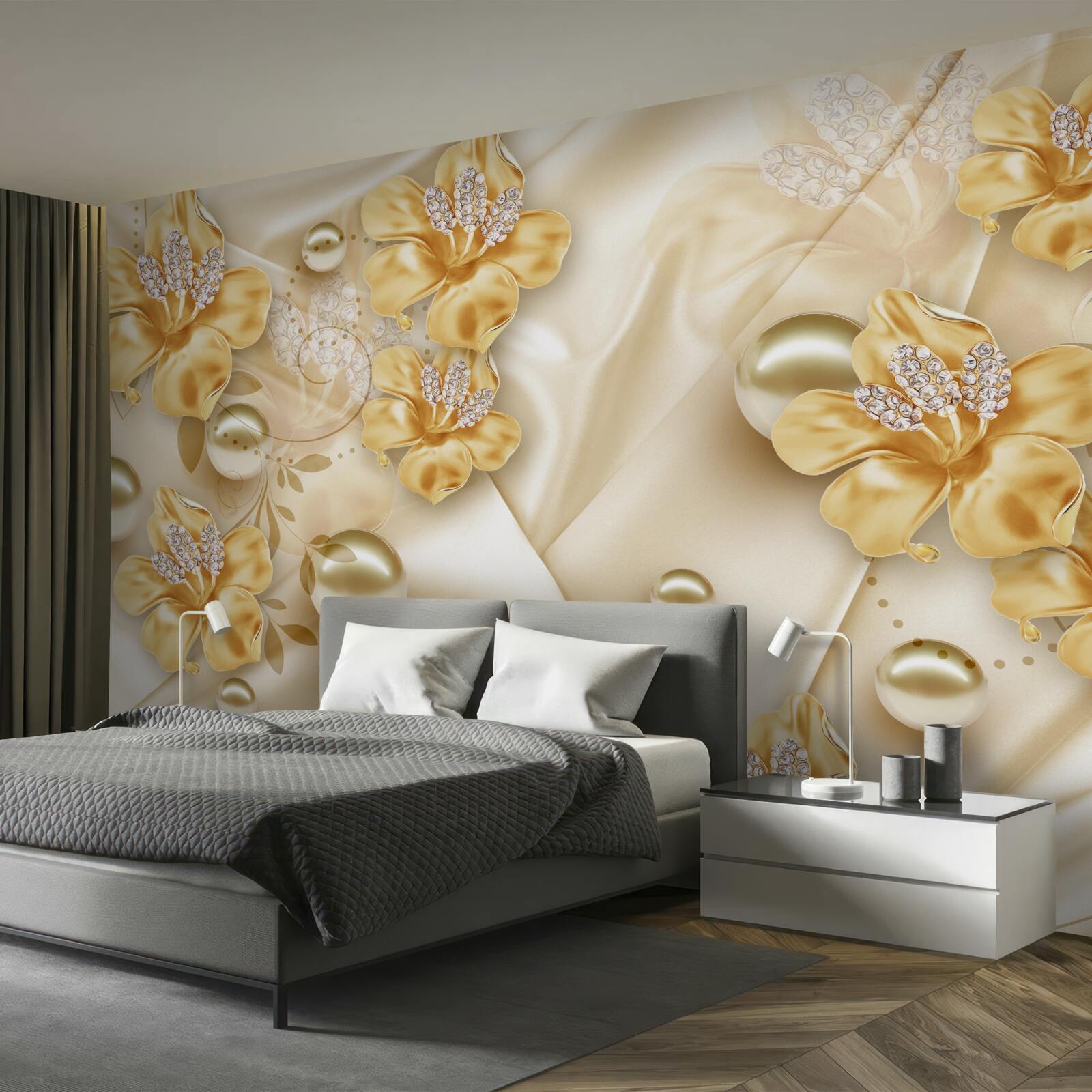 Fototapeta hodvábna látka je zdobená zlatými a perleťovými kvetmi