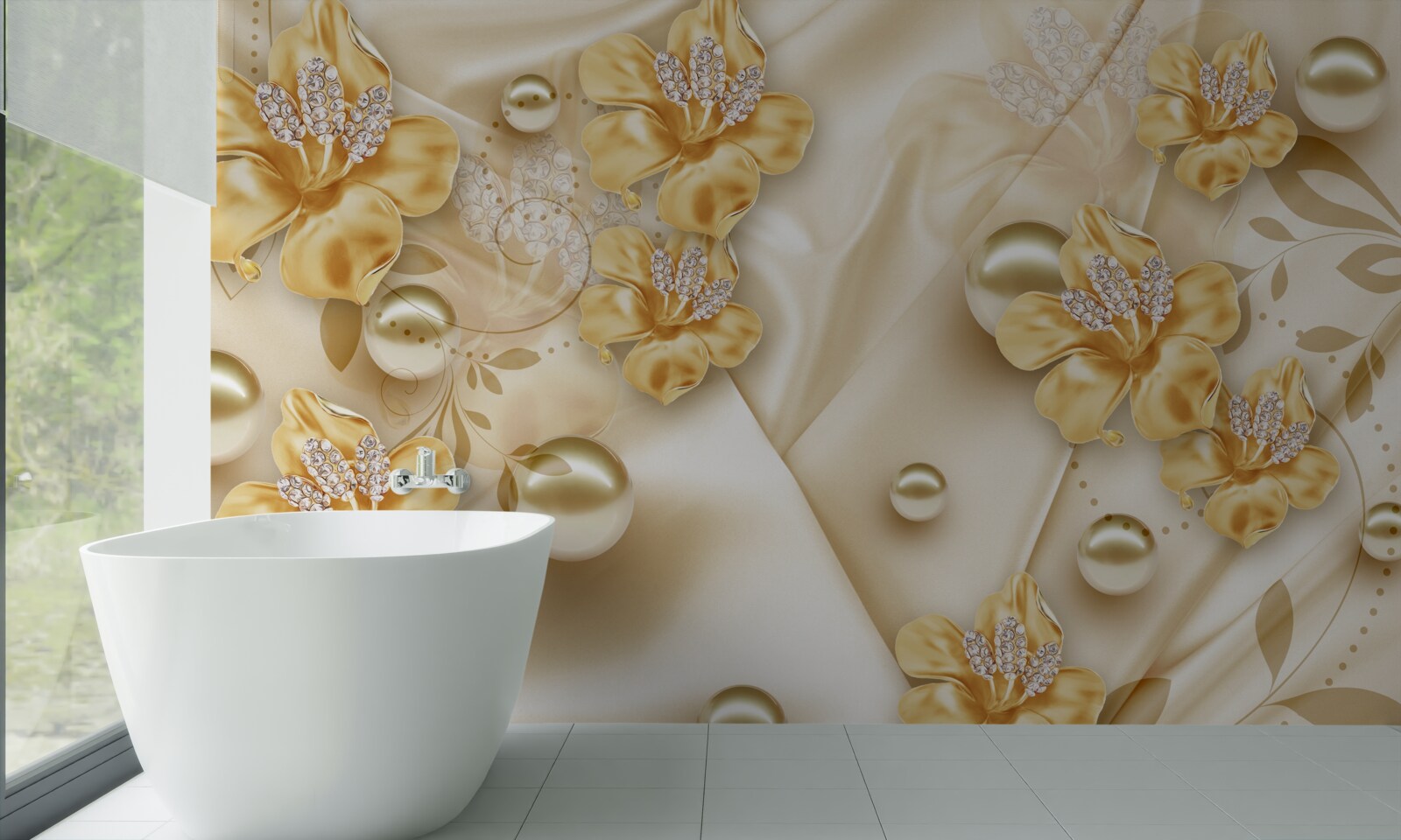 Fototapeta hodvábna látka je zdobená zlatými a perleťovými kvetmi