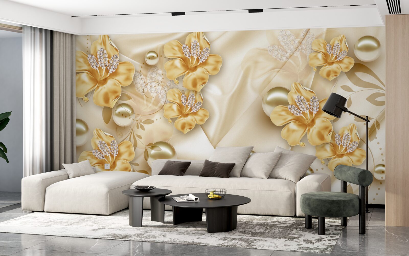 Fototapeta hodvábna látka je zdobená zlatými a perleťovými kvetmi