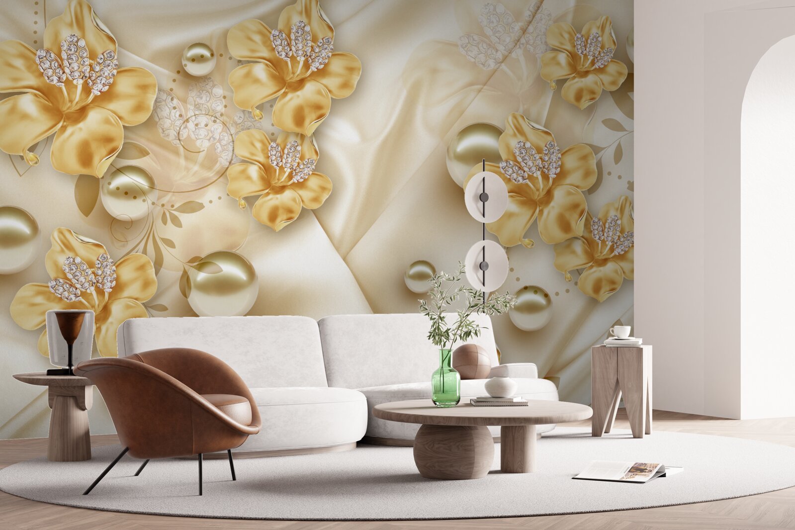 Fototapeta hodvábna látka je zdobená zlatými a perleťovými kvetmi