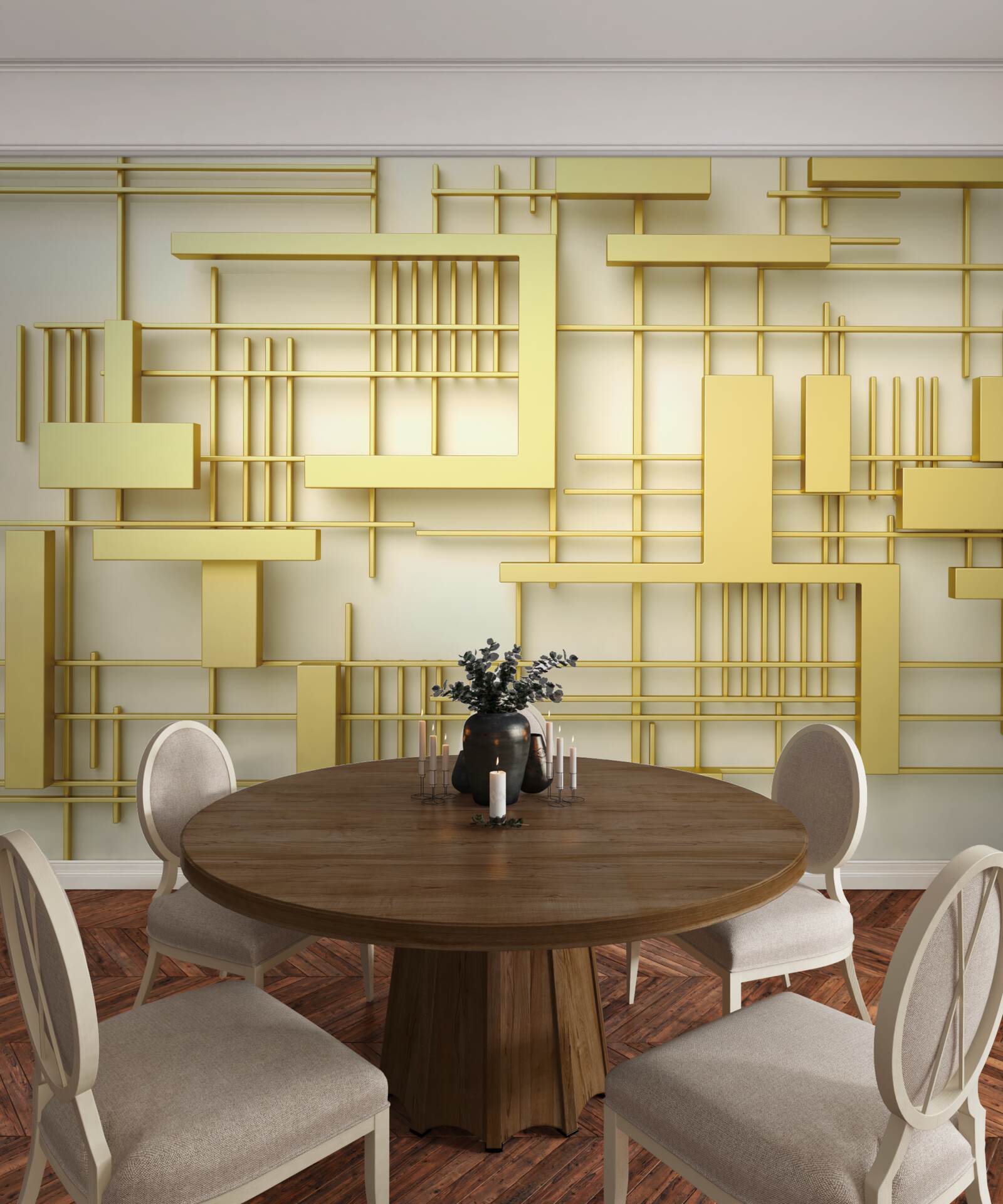 Fototapeta geometrické tvary zo zlata, umiestnené na zlatej sieťke