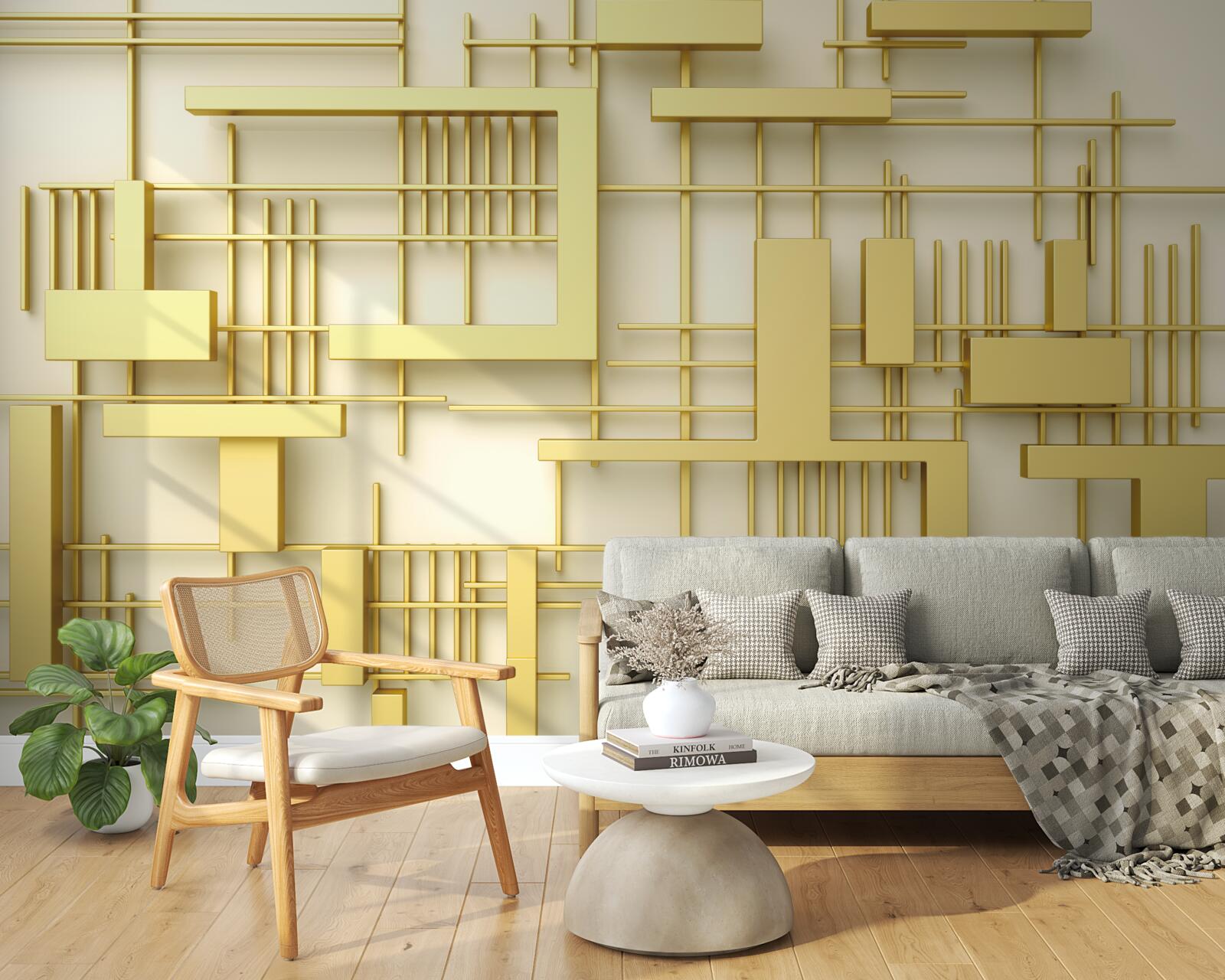 Fototapeta geometrické tvary zo zlata, umiestnené na zlatej sieťke