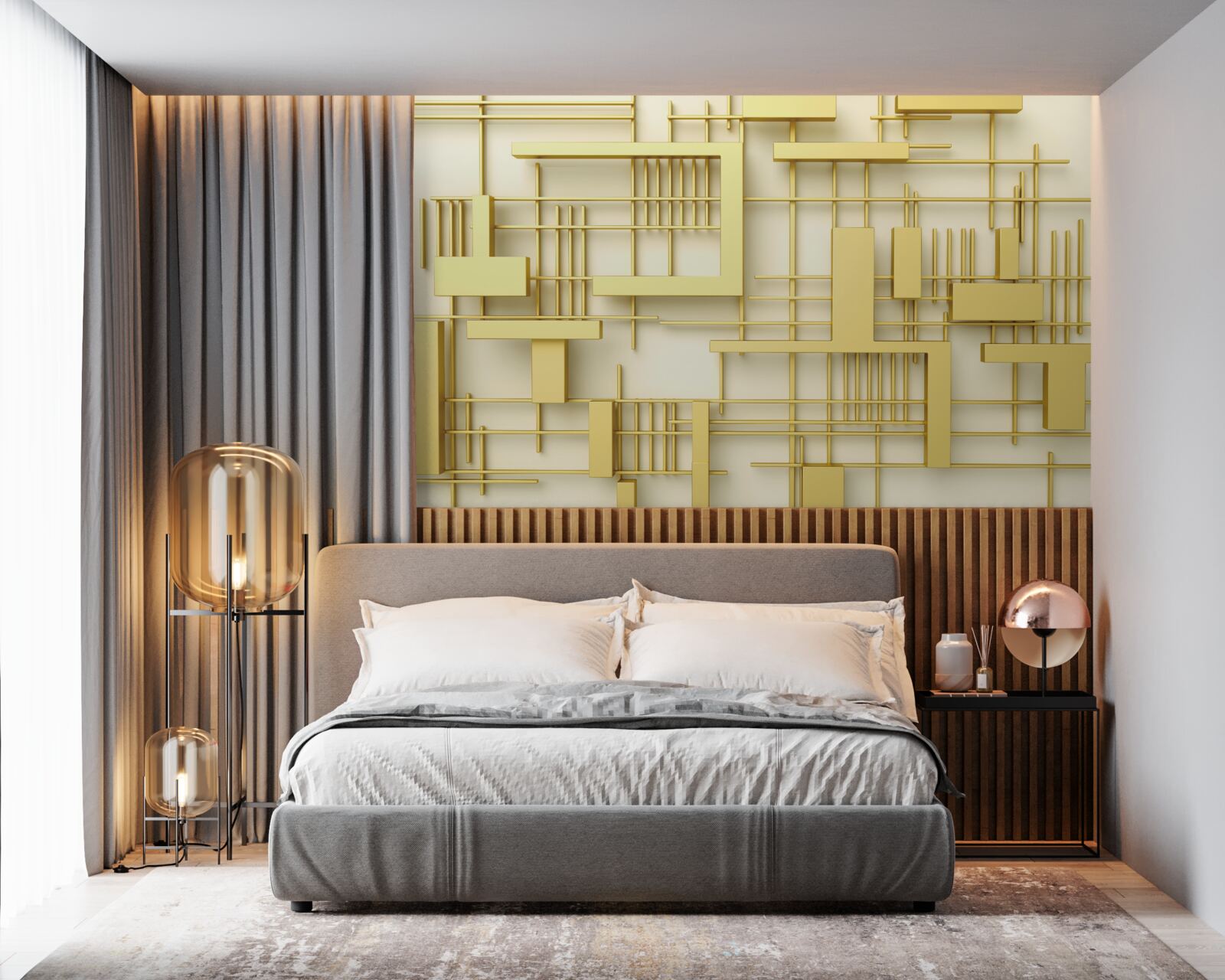 Fototapeta geometrické tvary zo zlata, umiestnené na zlatej sieťke