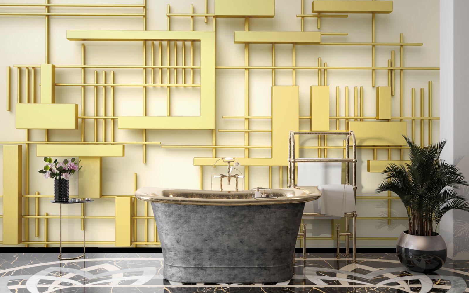 Fototapeta geometrické tvary zo zlata, umiestnené na zlatej sieťke