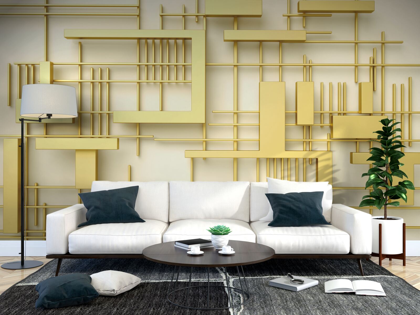 Fototapeta geometrické tvary zo zlata, umiestnené na zlatej sieťke