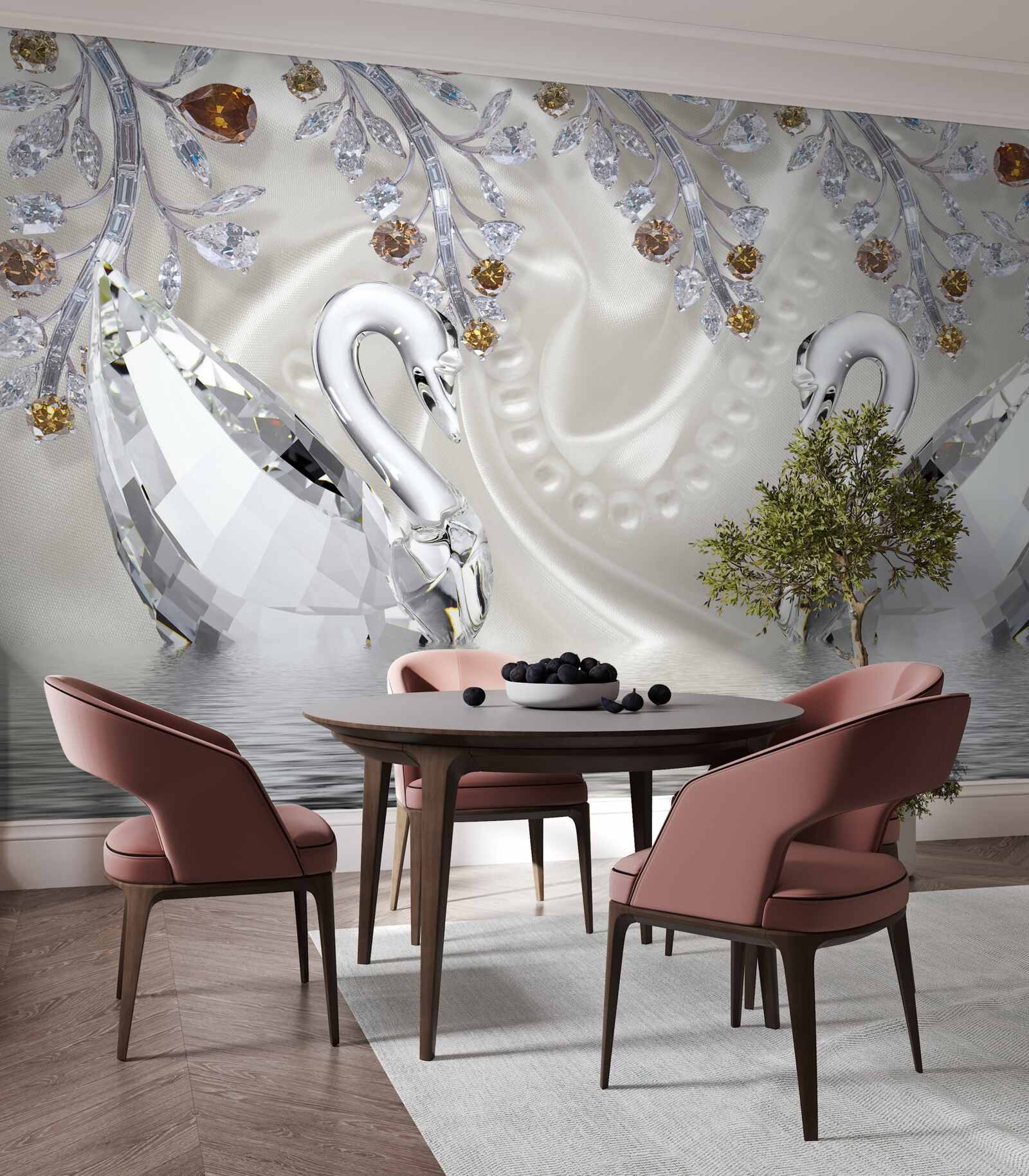 Fototapeta snehobiele labute plávajú na rybníku a vetvy kvetov majú zlatý odtieň