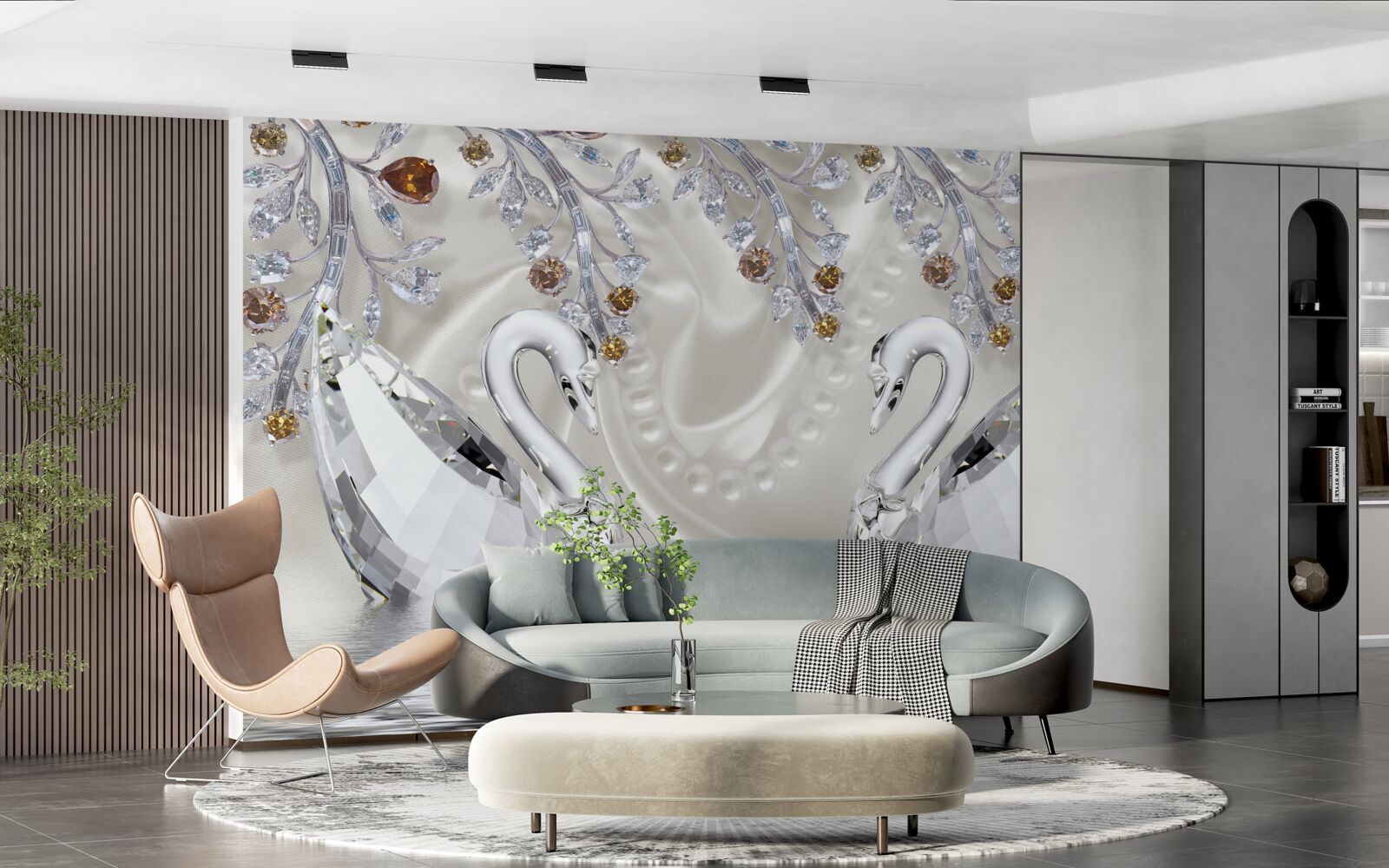 Fototapeta snehobiele labute plávajú na rybníku a vetvy kvetov majú zlatý odtieň