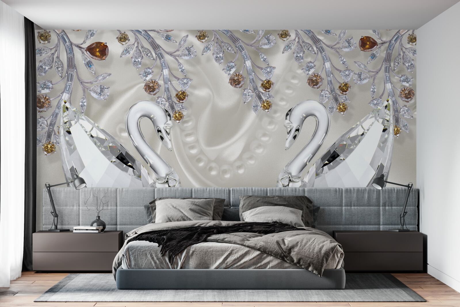 Fototapeta snehobiele labute plávajú na rybníku a vetvy kvetov majú zlatý odtieň