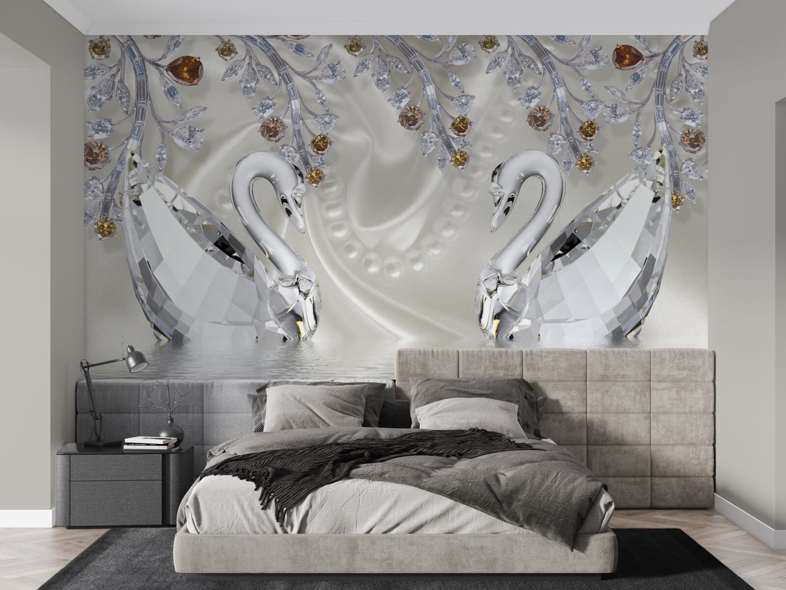 Fototapeta snehobiele labute plávajú na rybníku a vetvy kvetov majú zlatý odtieň