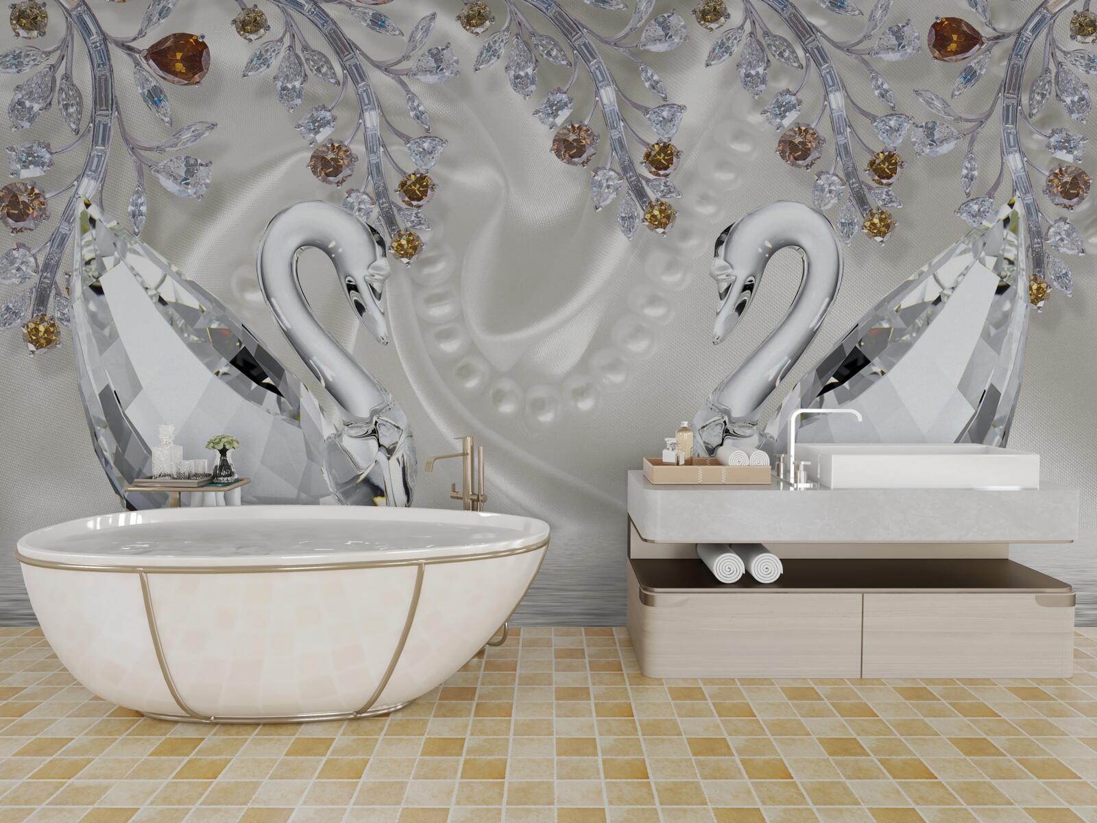 Fototapeta snehobiele labute plávajú na rybníku a vetvy kvetov majú zlatý odtieň