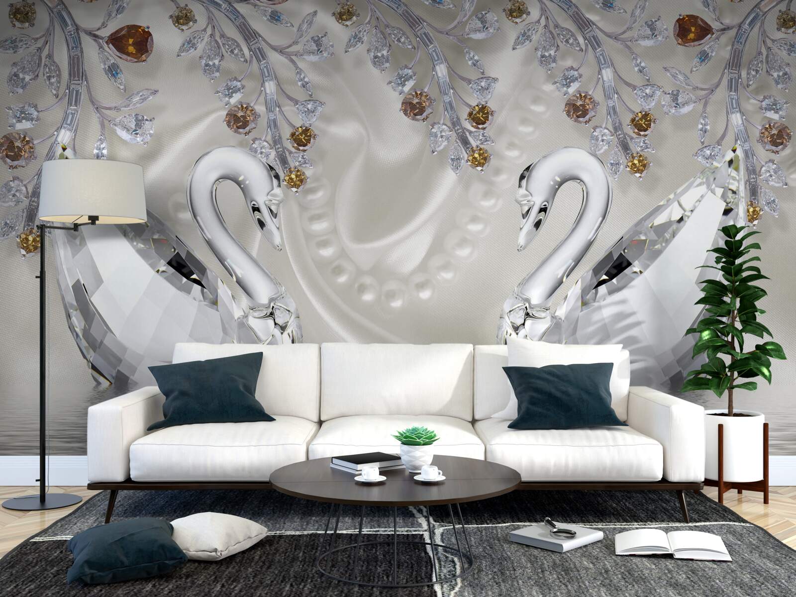 Fototapeta snehobiele labute plávajú na rybníku a vetvy kvetov majú zlatý odtieň