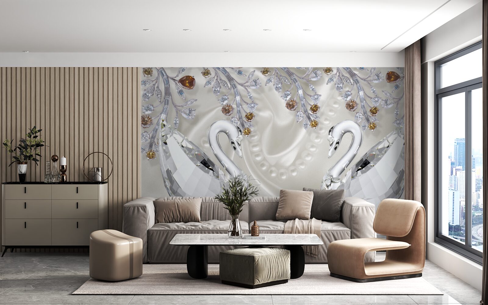 Fototapeta snehobiele labute plávajú na rybníku a vetvy kvetov majú zlatý odtieň