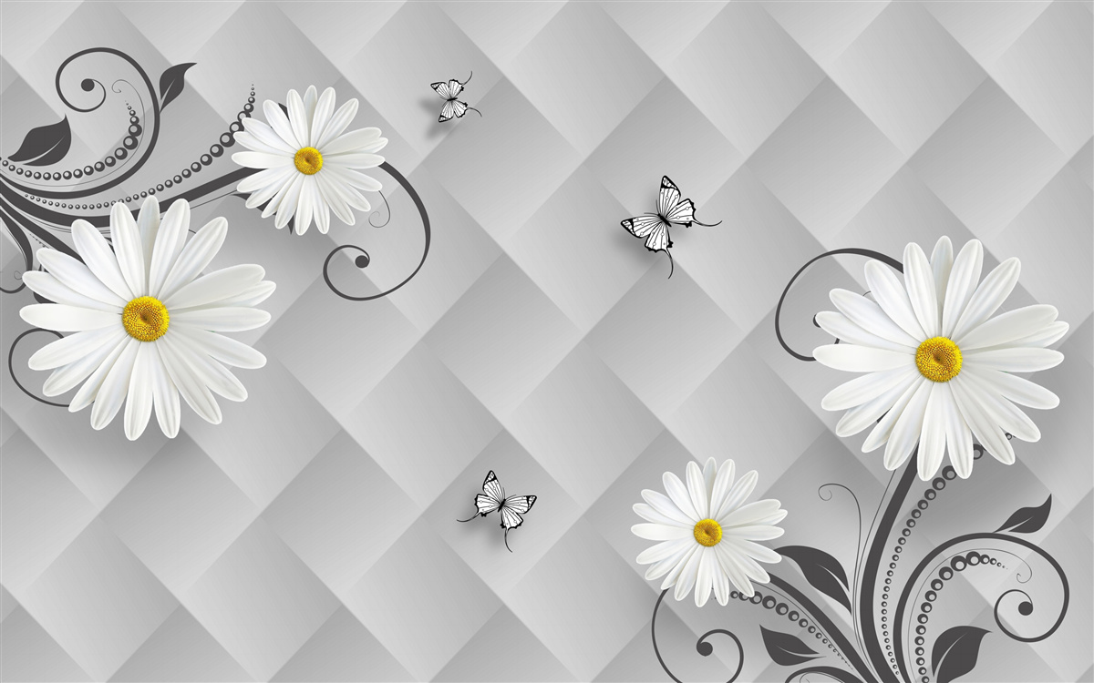 Fototapeta abstraktné pozadie zdobené bielymi sedmokrásky a motýľmi