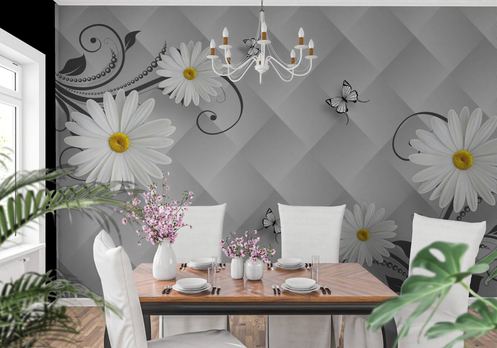 Fototapeta abstraktné pozadie zdobené bielymi sedmokrásky a motýľmi