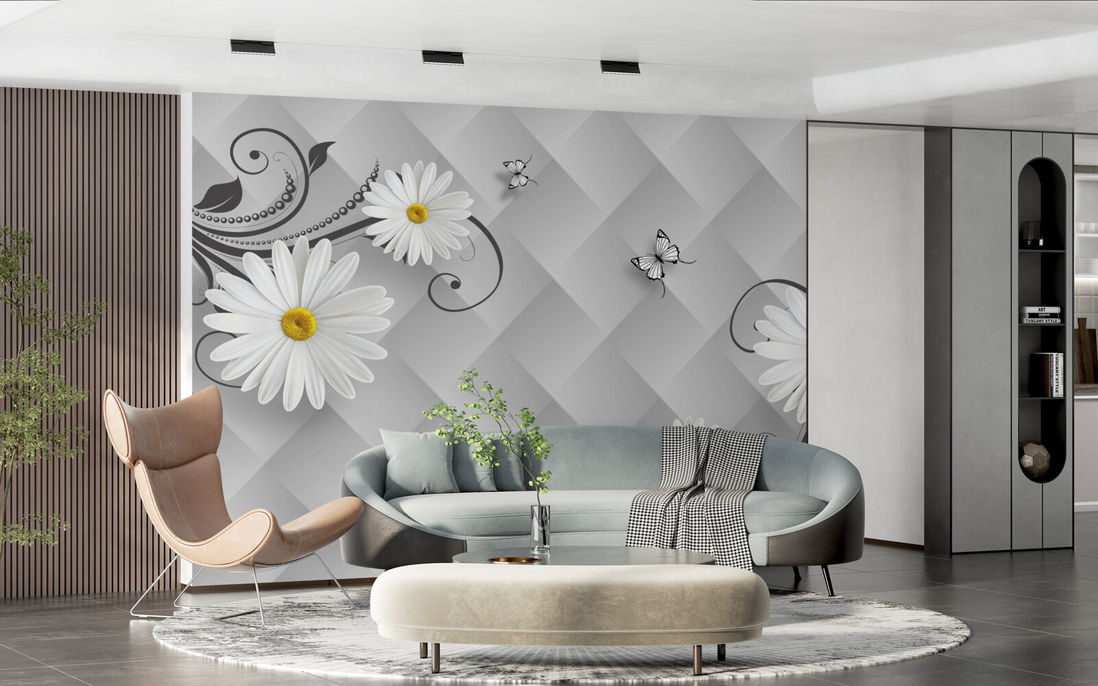 Fototapeta abstraktné pozadie zdobené bielymi sedmokrásky a motýľmi