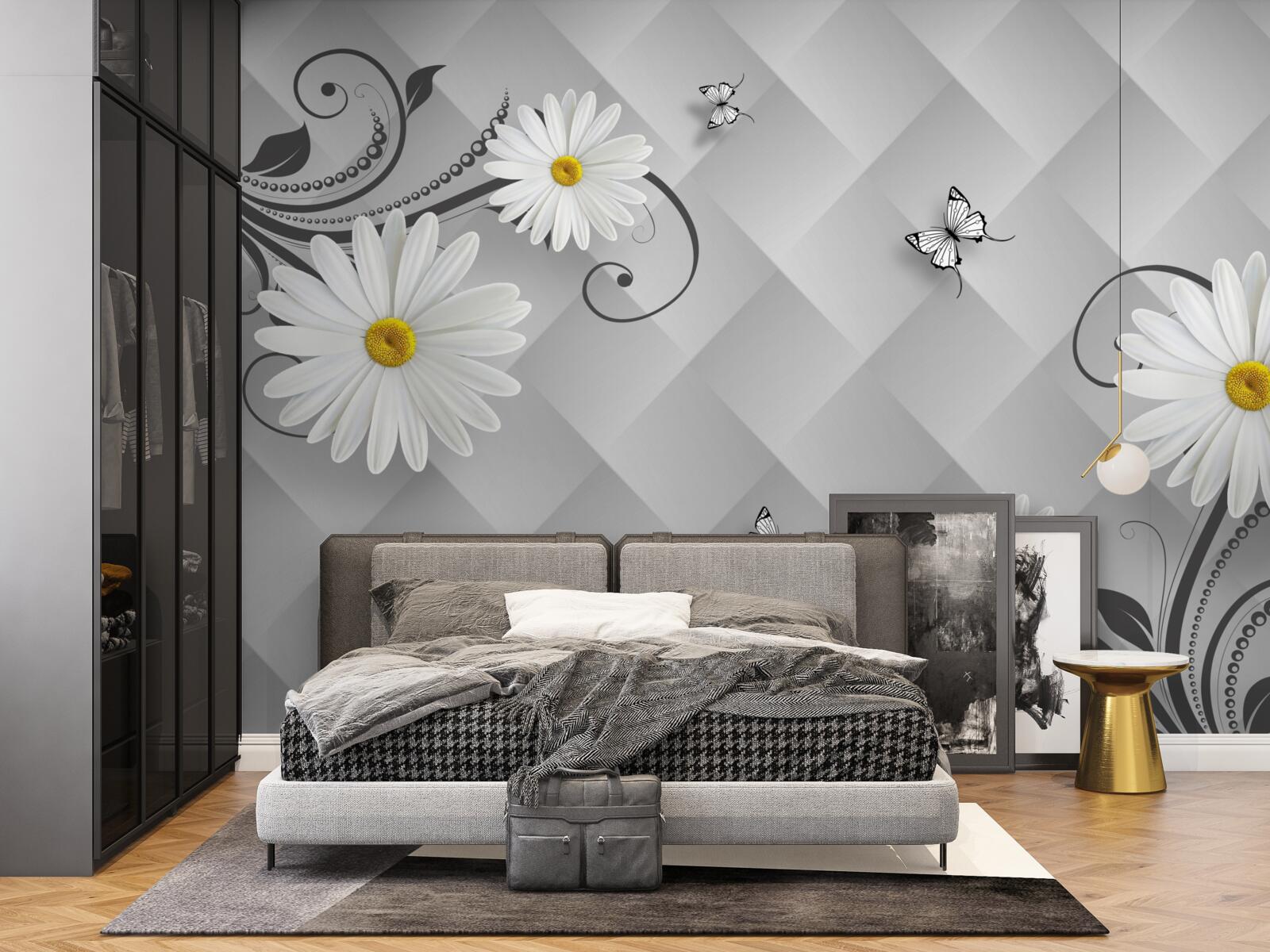 Fototapeta abstraktné pozadie zdobené bielymi sedmokrásky a motýľmi